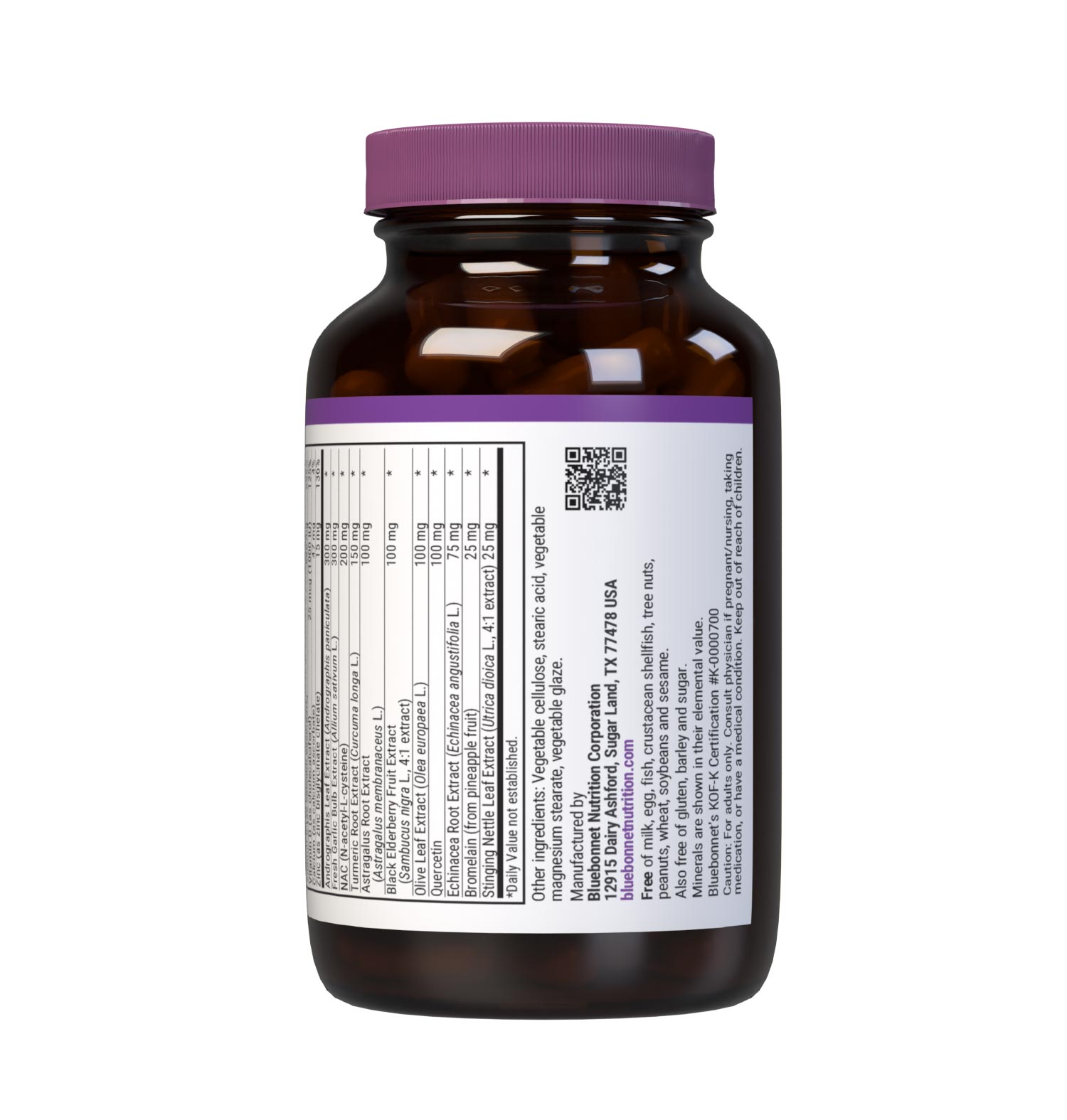 Bluebonnet’s Targeted Choice Wellness Support 30 Caplets are formulated with a complementary combination of non-GMO nutrients and sustainably sourced herbal extracts, such as vitamins A, C & D3, NAC, quercetin, zinc, andrographis, astragalus, elderberry, odor-less garlic, olive leaf, stinging nettle and turmeric. Supplement facts panel. bottom part. #size_60 count