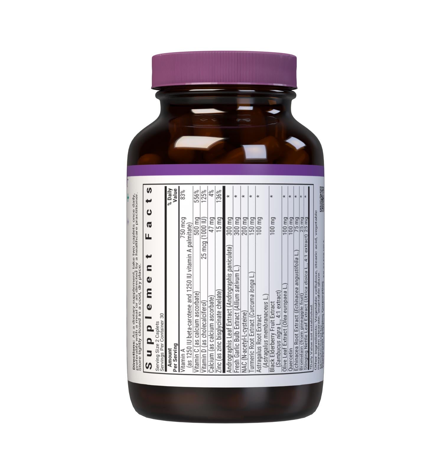 Bluebonnet’s Targeted Choice Wellness Support 30 Caplets are formulated with a complementary combination of non-GMO nutrients and sustainably sourced herbal extracts, such as vitamins A, C & D3, NAC, quercetin, zinc, andrographis, astragalus, elderberry, odor-less garlic, olive leaf, stinging nettle and turmeric. Supplement facts panel. top part. #size_60 count