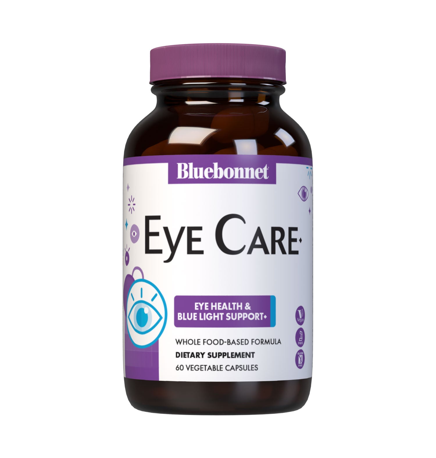 Bluebonnet’s Targeted Choice EyeCare 60 Vegetable Capsules are specially formulated to help protect eyes from blue light (e.g., LED) with the clinically studied nutrients, as well as hyaluronic acid and sustainably harvested or wildcrafted super fruits. Shielding the eyes from photo stress caused by blue light from high tech devices like computer, smartphone and tablet screens may improve visual performance and support healthy eyes for years to come. #size_60 count