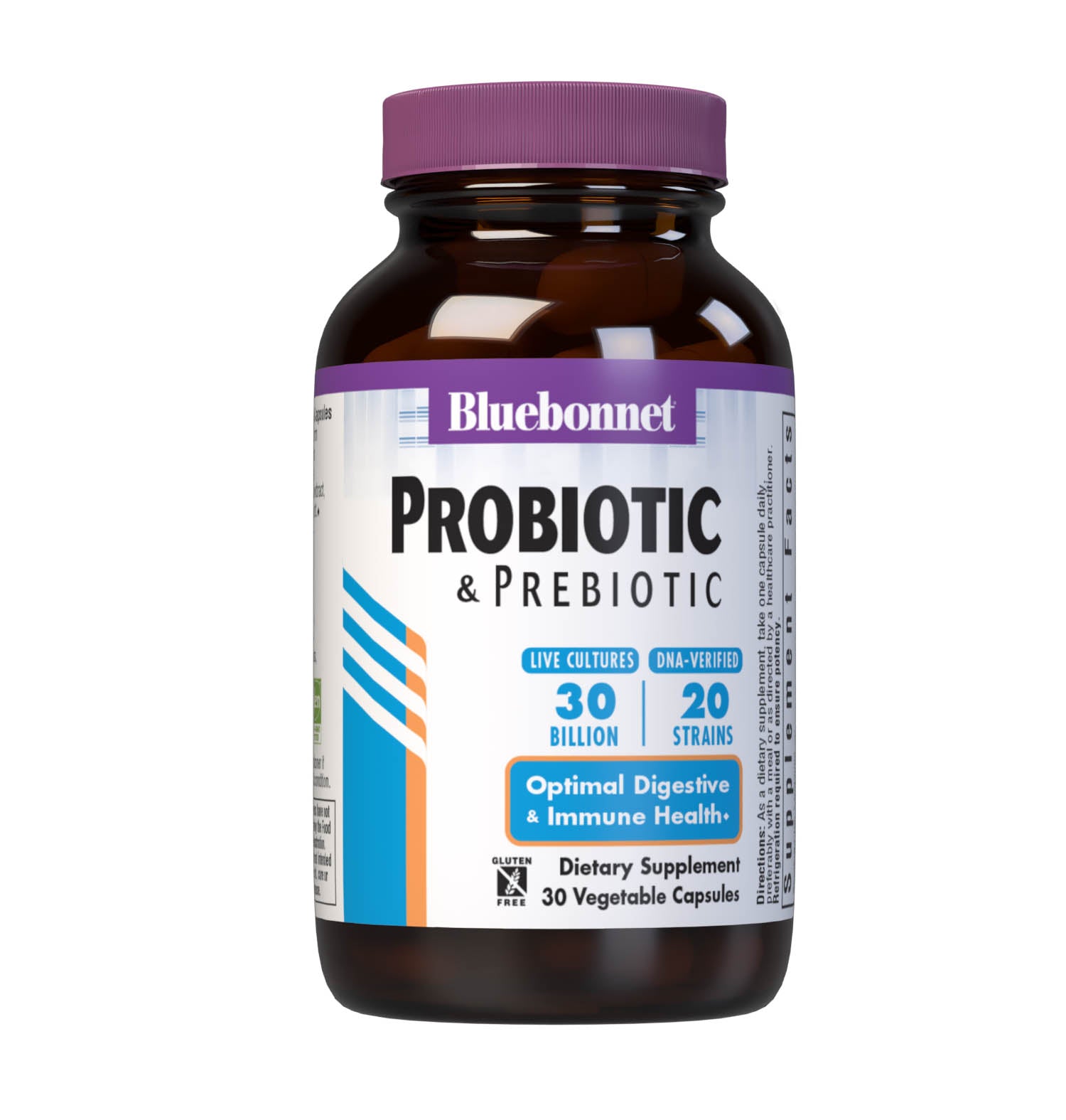 Bluebonnet’s Probiotic & Prebiotic 30 Vegetable Capsules are formulated with 30 billion viable cultures from 20 DNA-verified, scientifically supported strains. This unique, science-based probiotic formula includes the prebiotic inulin from chicory root extract, to assist the growth of friendly bacterium in the gut. #size_30 count