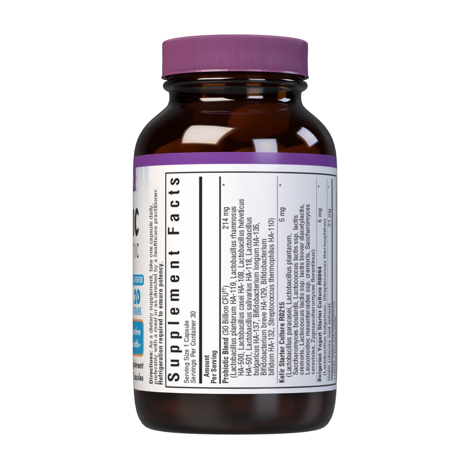 Bluebonnet’s Probiotic & Prebiotic 30 Vegetable Capsules are formulated with 30 billion viable cultures from 20 DNA-verified, scientifically supported strains. This unique, science-based probiotic formula includes the prebiotic inulin from chicory root extract, to assist the growth of friendly bacterium in the gut. Supplement facts panel 1. #size_30 count