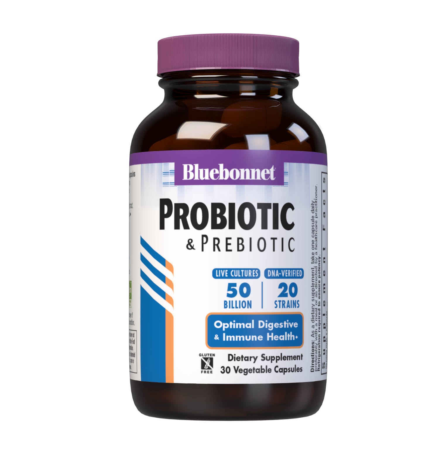 Bluebonnet’s Probiotic & Prebiotic 30 Vegetable Capsules are formulated with 50 billion viable cultures from 20 DNA-verified, scientifically supported strains. This unique, science-based probiotic formula includes the prebiotic inulin from chicory root extract, to assist the growth of friendly bacterium in the gut. #size_30 count