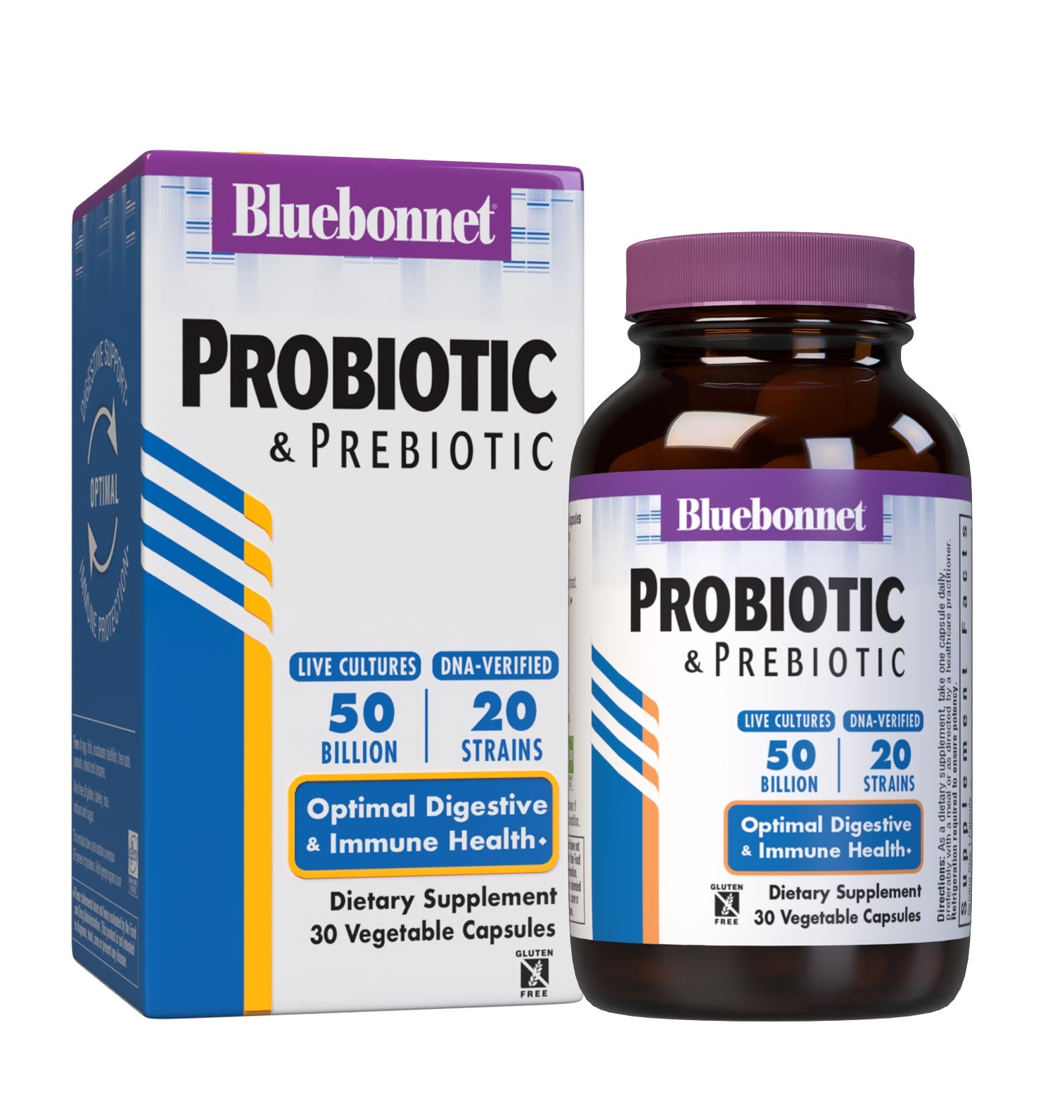 Bluebonnet’s Probiotic & Prebiotic 30 Vegetable Capsules are formulated with 50 billion viable cultures from 20 DNA-verified, scientifically supported strains. This unique, science-based probiotic formula includes the prebiotic inulin from chicory root extract, to assist the growth of friendly bacterium in the gut. Bottle with box. #size_30 count