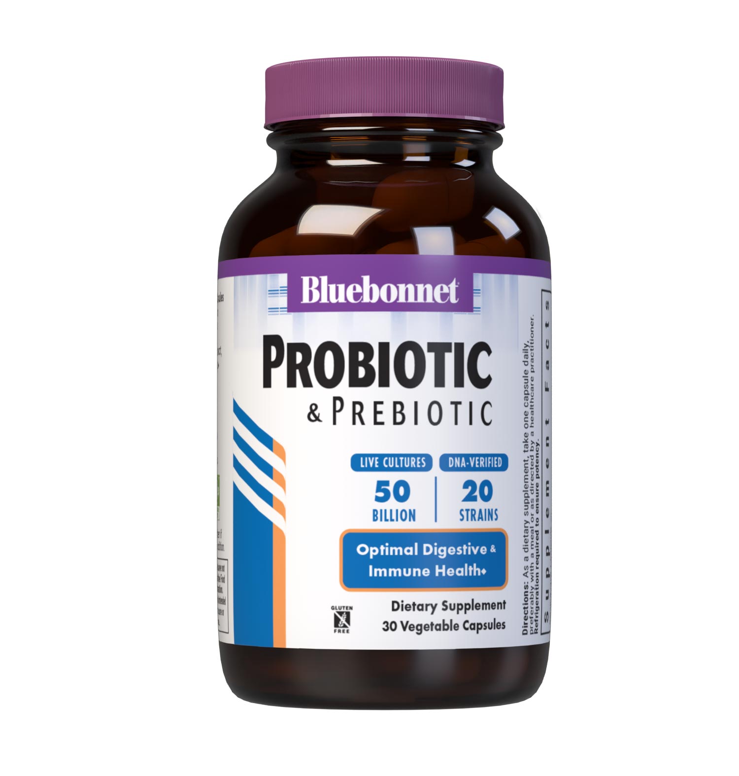 Bluebonnet’s Probiotic & Prebiotic 30 Vegetable Capsules are formulated with 50 billion viable cultures from 20 DNA-verified, scientifically supported strains. This unique, science-based probiotic formula includes the prebiotic inulin from chicory root extract, to assist the growth of friendly bacterium in the gut. #size_30 count