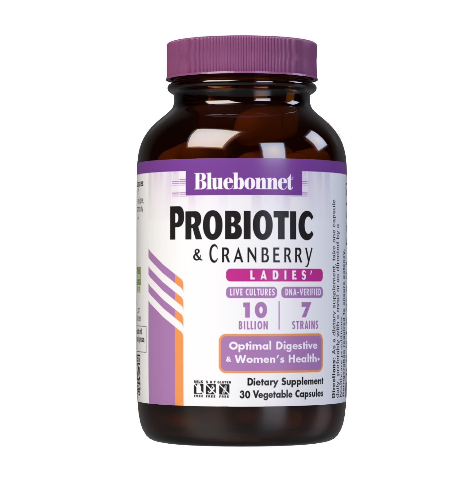 Bluebonnet’s Ladies' Probiotic & Cranberry 30 Vegetable Capsules are formulated with 10 billion viable cultures from 7 DNA-verified, scientifically supported strains. This unique, science-based probiotic formula is infused with cranberry fruit extract to further nurture urinary tract health. #size_30 count