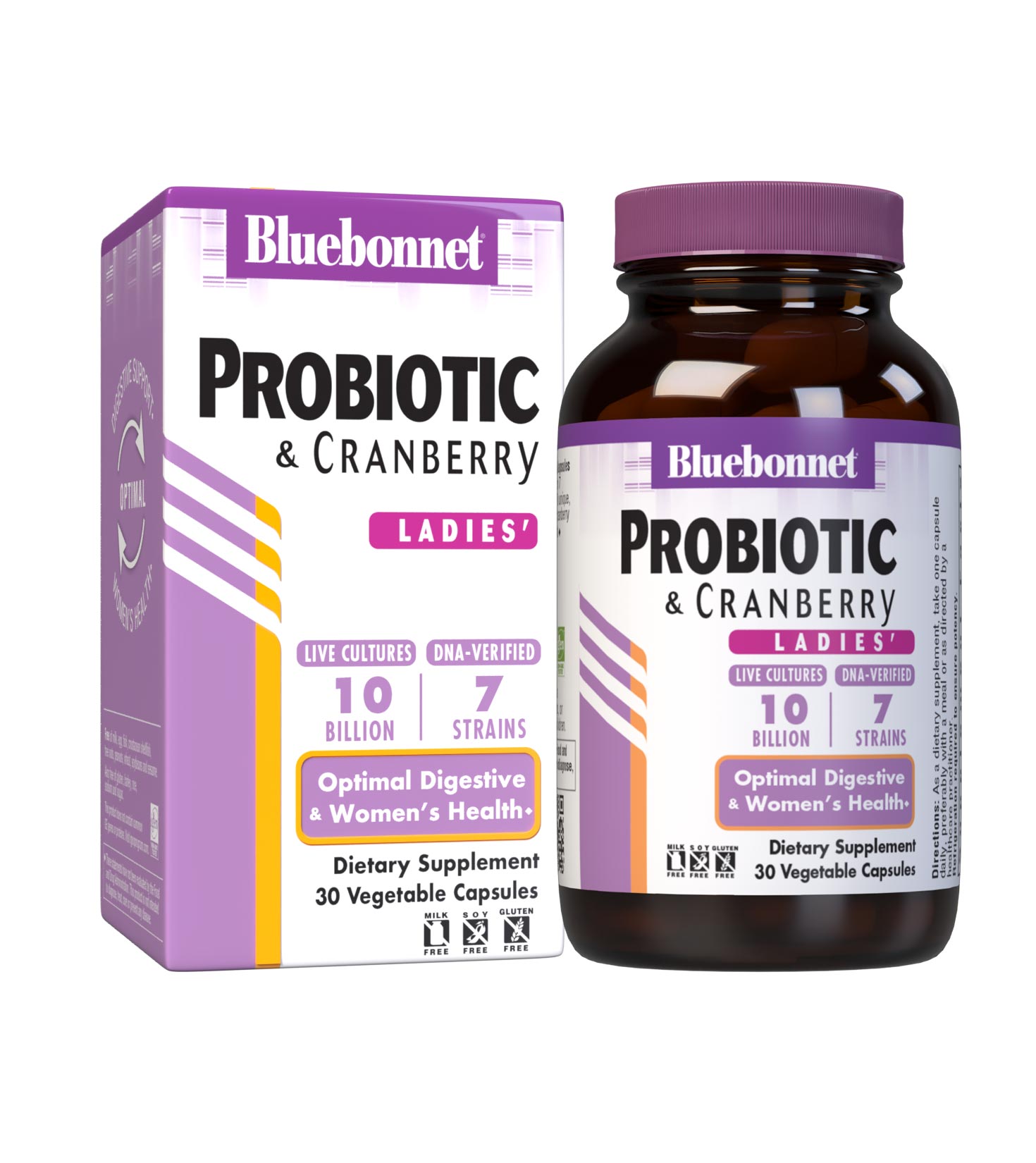 Bluebonnet’s Ladies' Probiotic & Cranberry 30 Vegetable Capsules are formulated with 10 billion viable cultures from 7 DNA-verified, scientifically supported strains. This unique, science-based probiotic formula is infused with cranberry fruit extract to further nurture urinary tract health. With bottle. #size_30 count