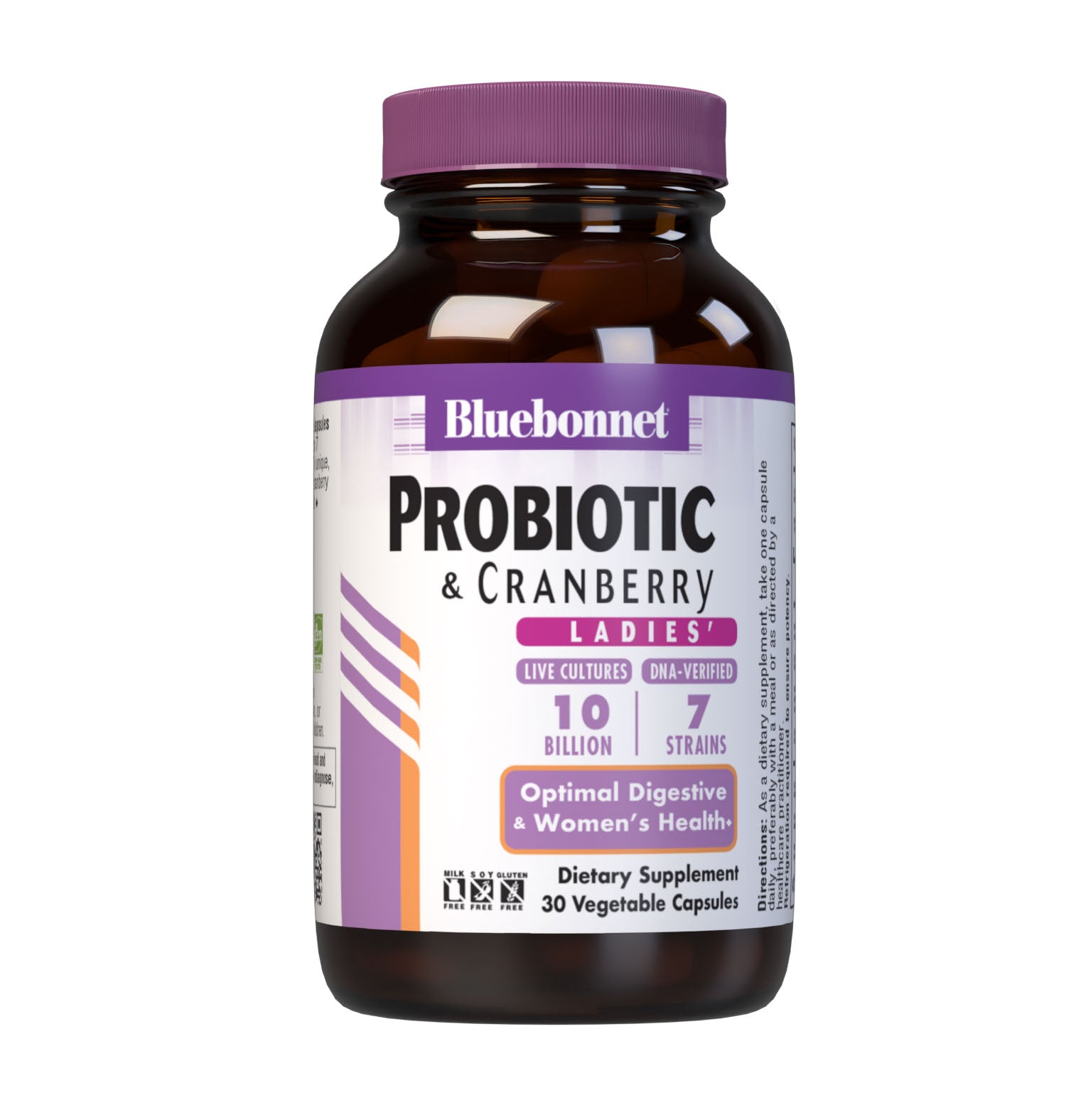 Bluebonnet’s Ladies' Probiotic & Cranberry 30 Vegetable Capsules are formulated with 10 billion viable cultures from 7 DNA-verified, scientifically supported strains. This unique, science-based probiotic formula is infused with cranberry fruit extract to further nurture urinary tract health. #size_30 count