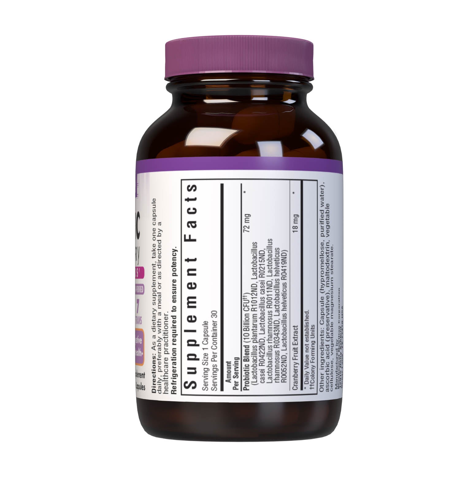 Bluebonnet’s Ladies' Probiotic & Cranberry 30 Vegetable Capsules are formulated with 10 billion viable cultures from 7 DNA-verified, scientifically supported strains. This unique, science-based probiotic formula is infused with cranberry fruit extract to further nurture urinary tract health. Supplement facts panel top. #size_30 count