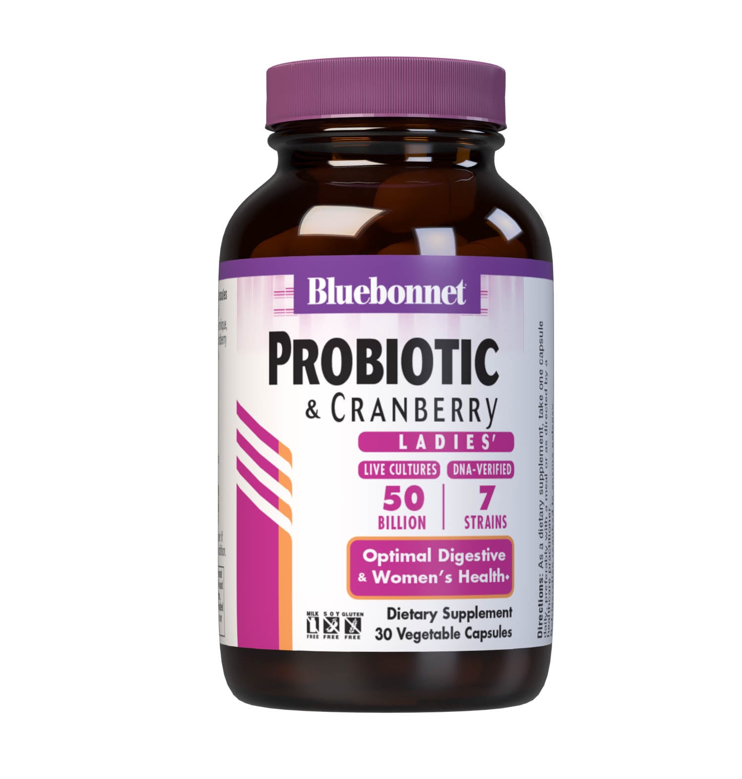 Bluebonnet’s Probiotic & Cranberry 30 Vegetable Capsules are formulated with 50 billion viable cultures from 7 DNA-verified, scientifically supported strains. This unique, science-based probiotic formula is infused with cranberry fruit extract to further nurture urinary tract health. #size_30 count
