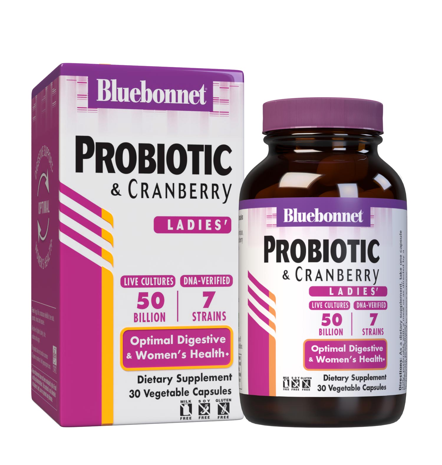 Bluebonnet’s Probiotic & Cranberry 30 Vegetable Capsules are formulated with 50 billion viable cultures from 7 DNA-verified, scientifically supported strains. This unique, science-based probiotic formula is infused with cranberry fruit extract to further nurture urinary tract health. Bottle with box. #size_30 count