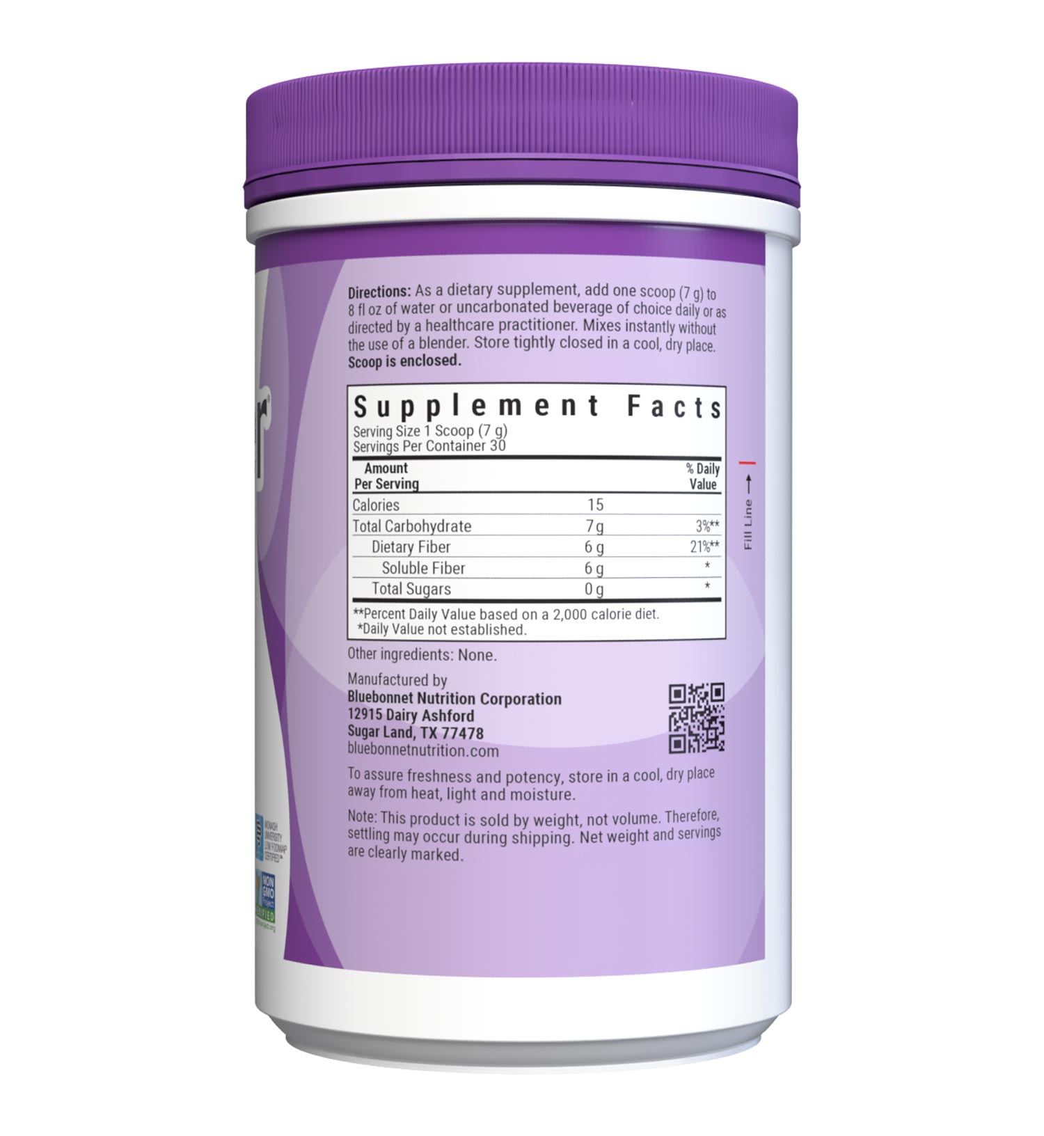 Bluebonnet’s Sunfiber® Powder delivers plant-based dietary fiber from partially hydrolyzed guar gum to help support bowel regularity while also providing prebiotic benefits for gastrointestinal health. This soluble and slow-fermenting fiber is well tolerated and suitable for those following a low-FODMAP diet. Supplement Facts panel. #size_7.4 oz