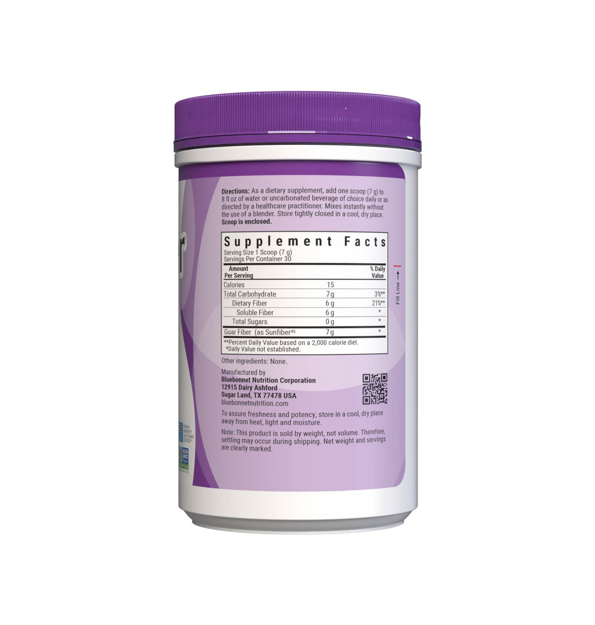 Bluebonnet’s Sunfiber® Powder delivers plant-based dietary fiber from partially hydrolyzed guar gum to help support bowel regularity while also providing prebiotic benefits for gastrointestinal health. This soluble and slow-fermenting fiber is well tolerated and suitable for those following a low-FODMAP diet. Supplement Facts panel. #size_7.4 oz