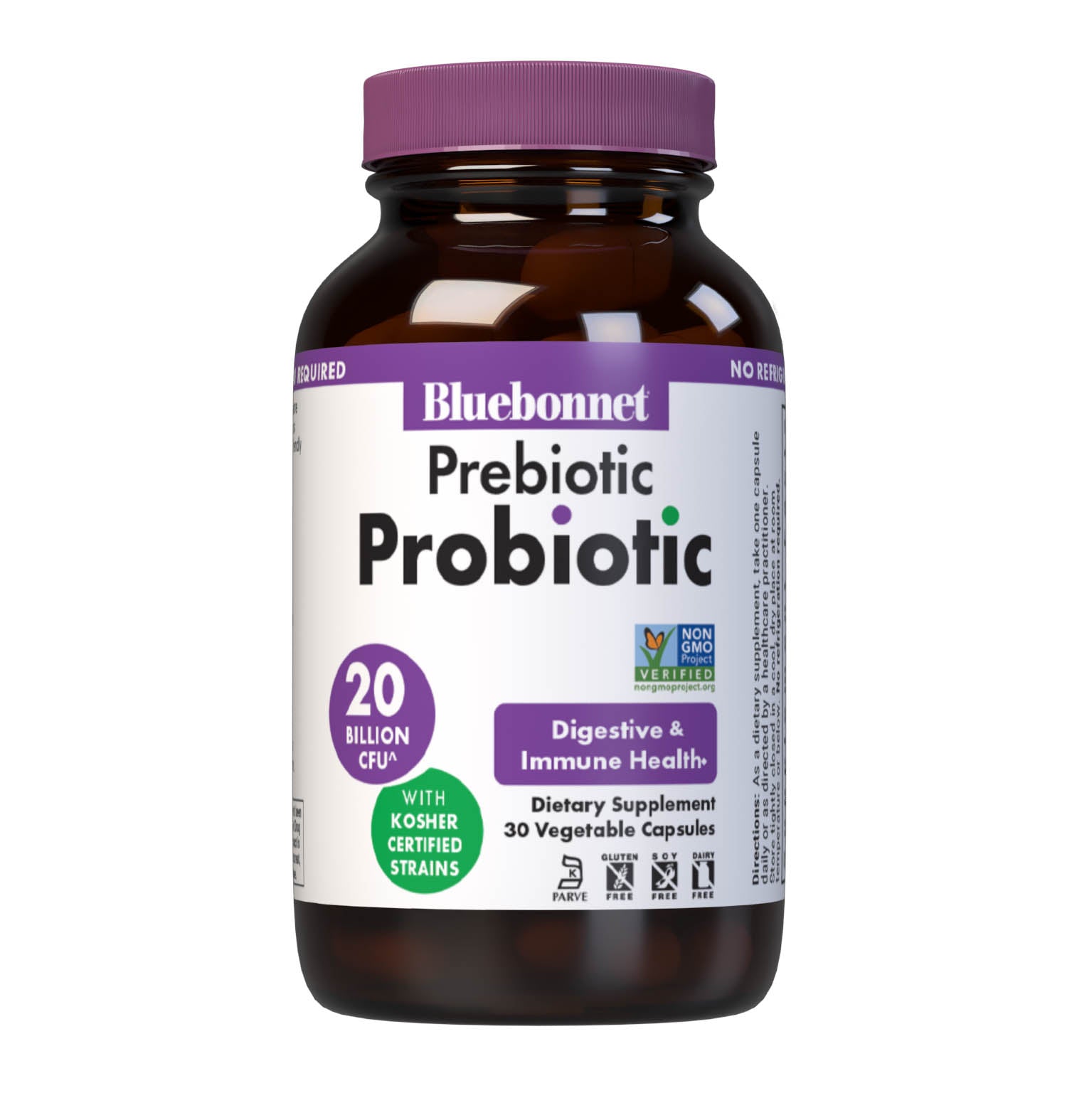 Bluebonnet's Prebiotic Probiotic Vegetable capsules are formulated with DNA-verified, kosher certified strains as well as prebiotic acacia fibet to assit the growth of friendly bacteria in the gut. #size_30 count