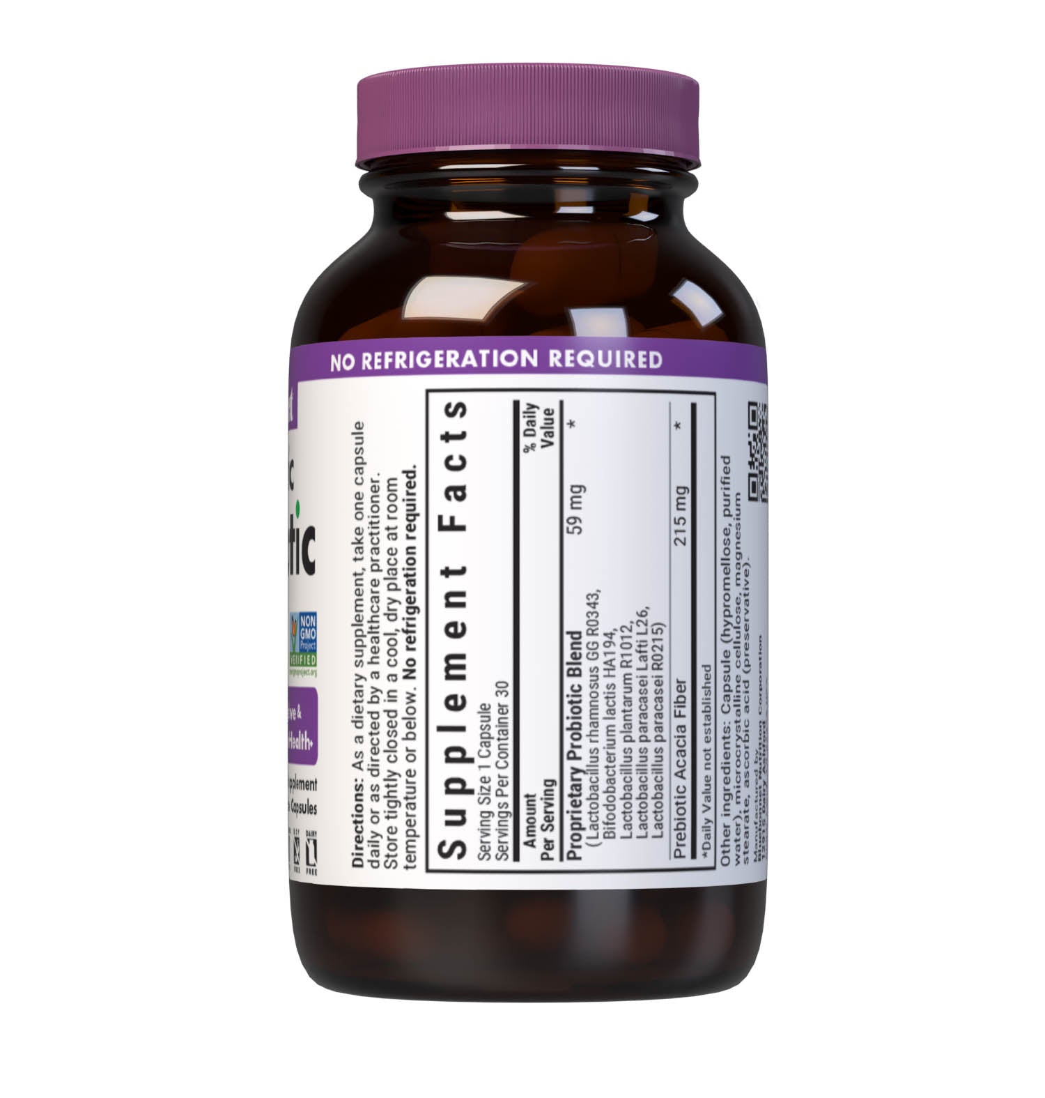 Bluebonnet's Prebiotic Probiotic Vegetable capsules are formulated with DNA-verified, kosher certified strains as well as prebiotic acacia fibet to assit the growth of friendly bacteria in the gut. Supplement facts panel. #size_30 count