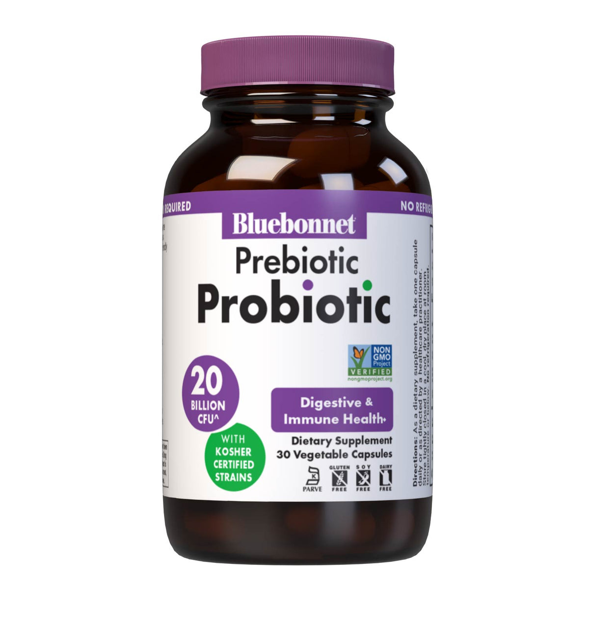 Bluebonnet's Prebiotic Probiotic Vegetable capsules are formulated with DNA-verified, kosher certified strains as well as prebiotic acacia fibet to assit the growth of friendly bacteria in the gut. Front panel. #size_30 count