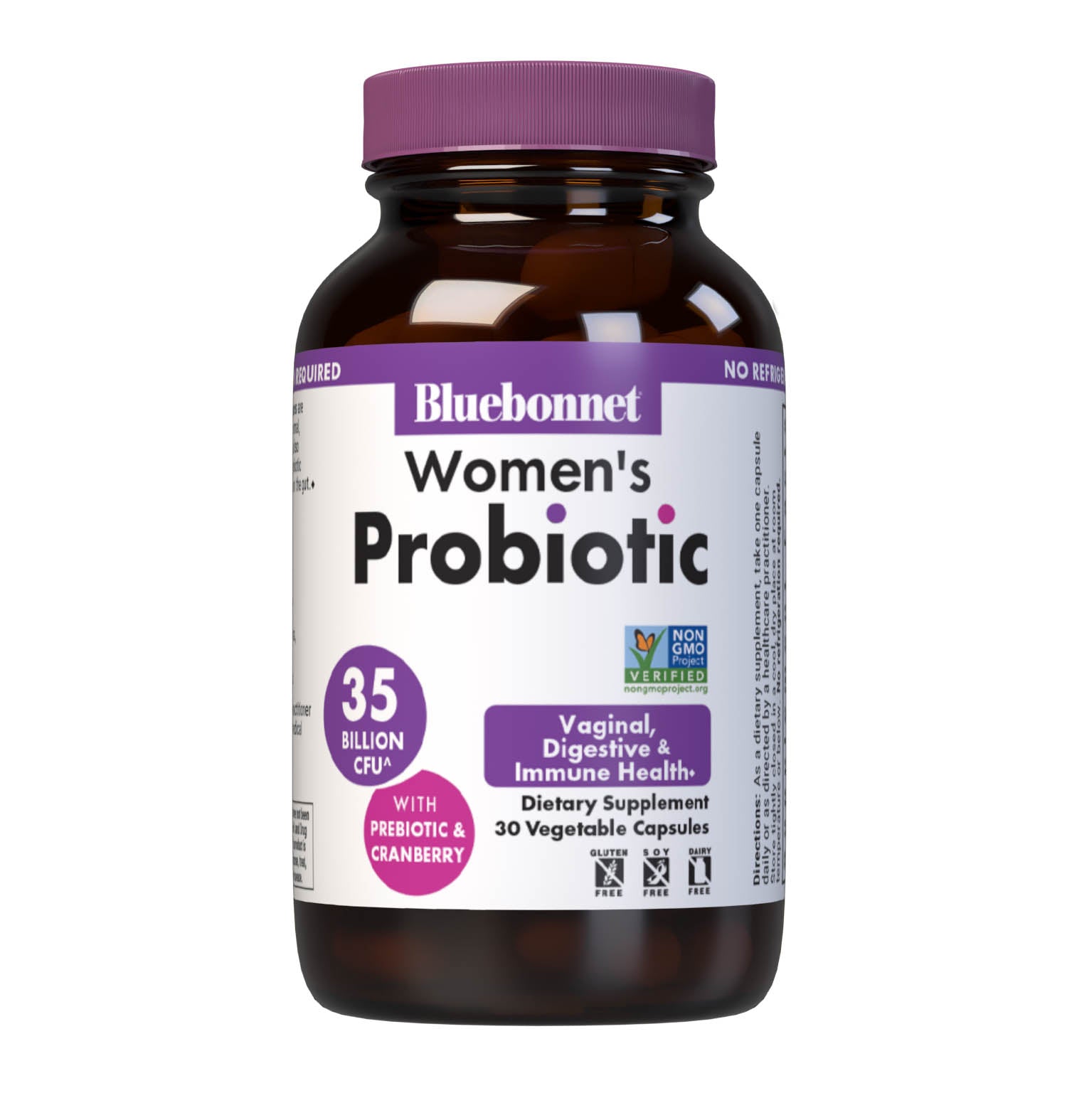 Bluebonnet's Women's Probiotic vegetable capsules are formulated with DNA-verified strains to support vaginal, digestive and immune health. This unique formula also includes cranberry for vaginal health as well as prebiotic acacia fiber to assist the growth of friendly bacteria in the gut. #size_30 count