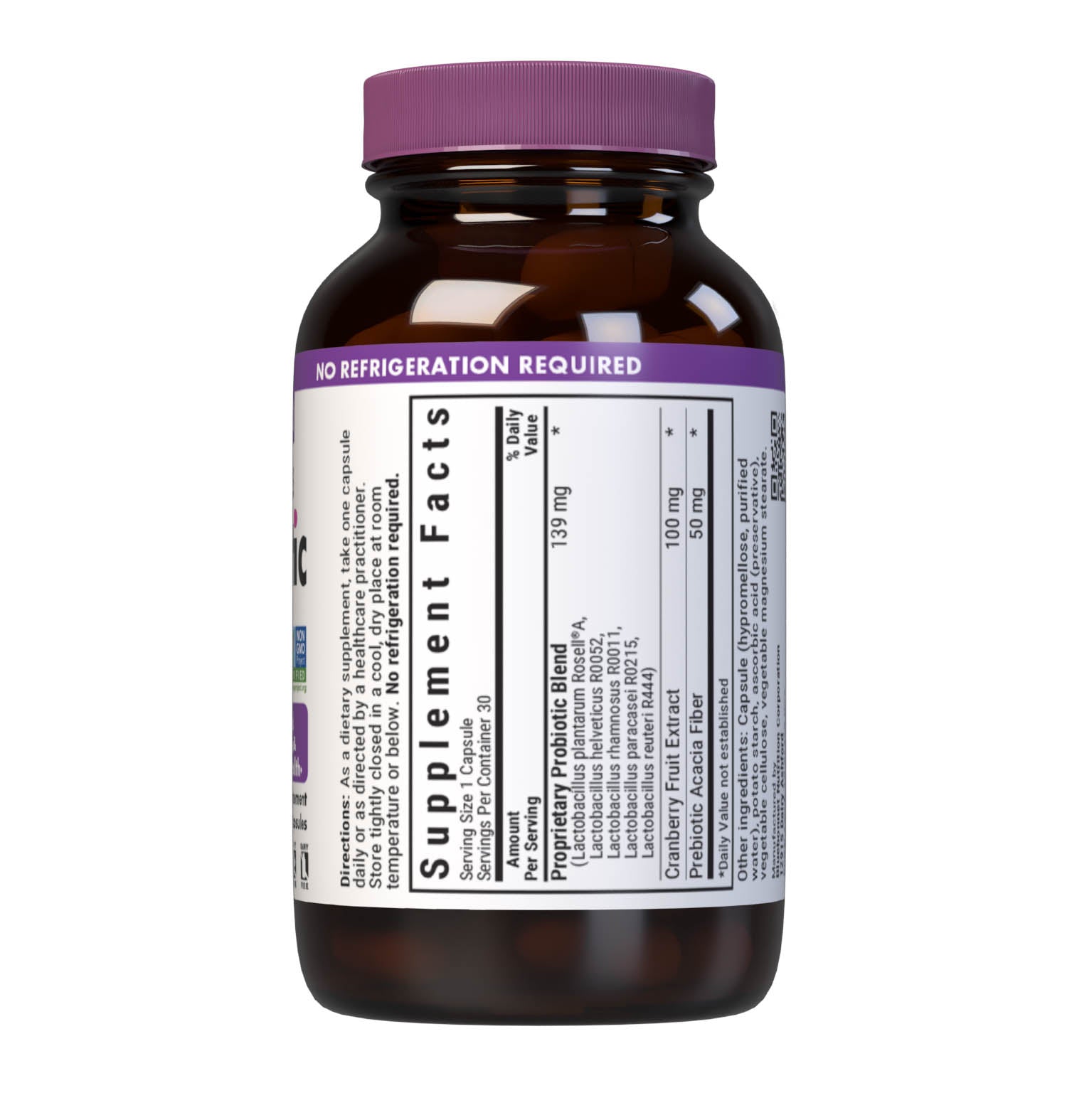 Bluebonnet's Women's Probiotic vegetable capsules are formulated with DNA-verified strains to support vaginal, digestive and immune health. This unique formula also includes cranberry for vaginal health as well as prebiotic acacia fiber to assist the growth of friendly bacteria in the gut. Supplement facts panel. #size_30 count