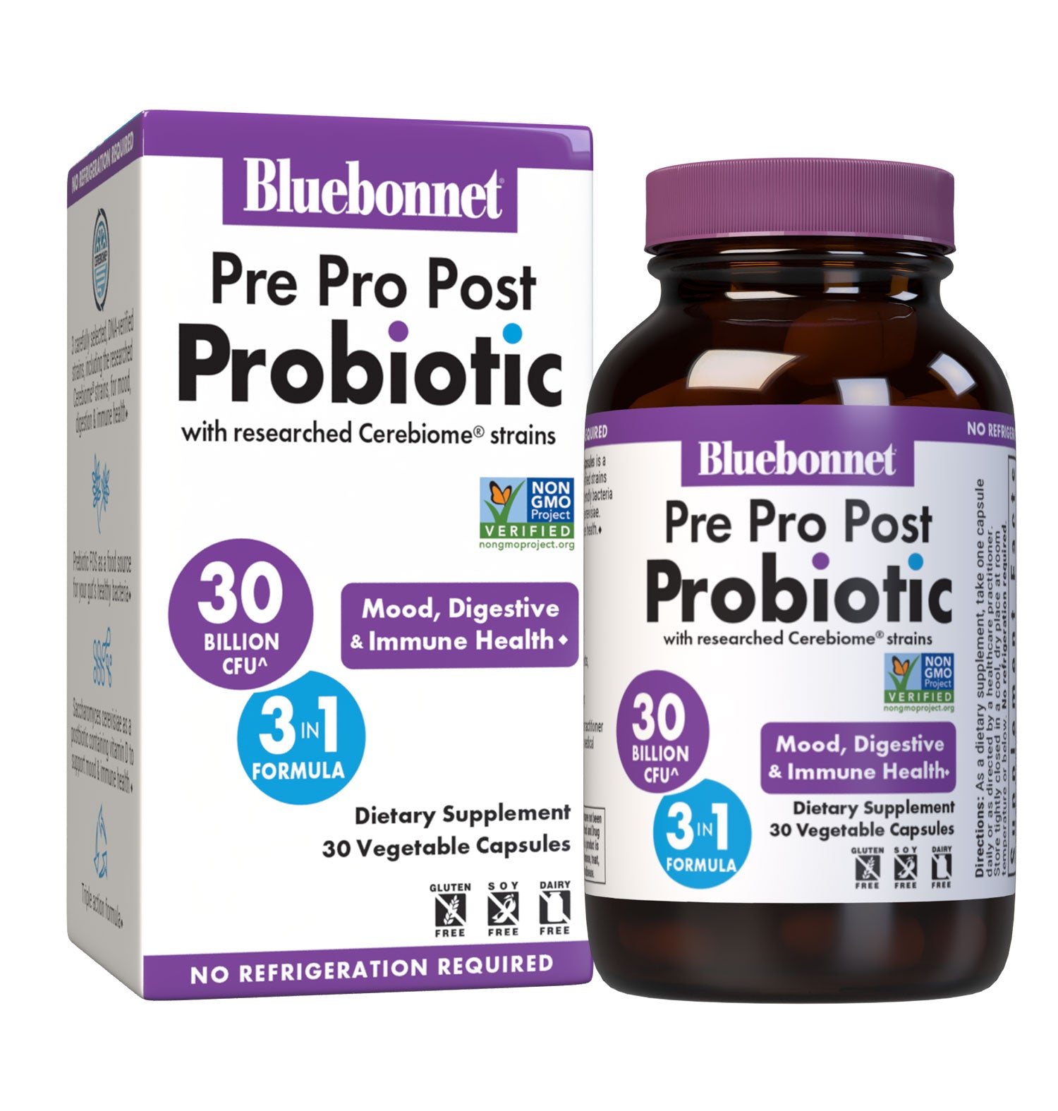 Bluebonnet's Pre Pro Post Probiotic vegetable capsules is a specially crafted 3-in-1 formula delivering DNA-verified strains as well as prebiotic FOS to assist the growth of friendly bacteria in the gut, and a postbiotic from saccharomyces cerevisiae. Together the support digestive, mood and immune health. Box with bottle image. #size_30 count
