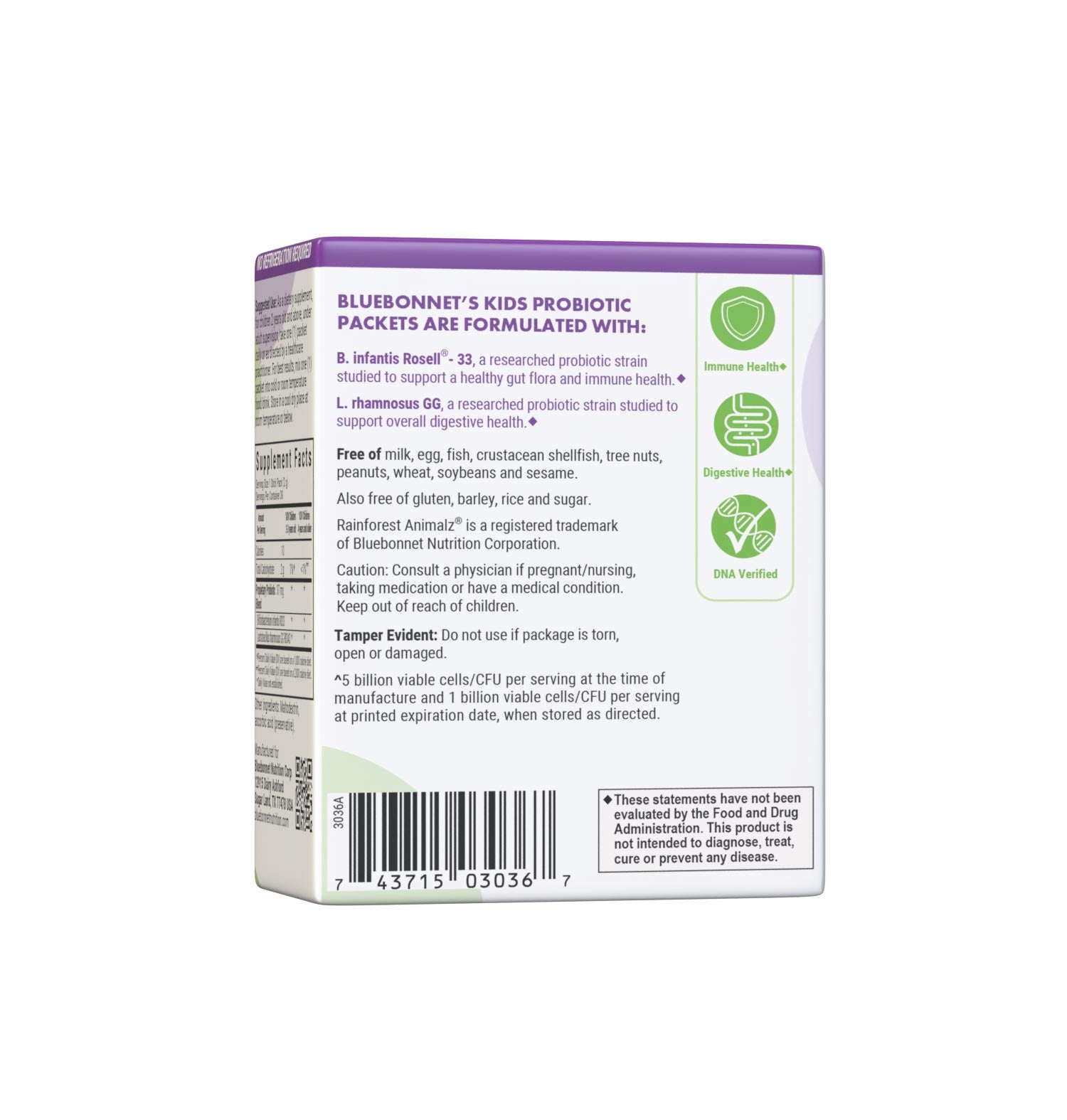 Rainforest Animalz Kids probiotic. Proprietary probiotic blend. For immune and digestive health. 30 individual stick packs. Back panel.