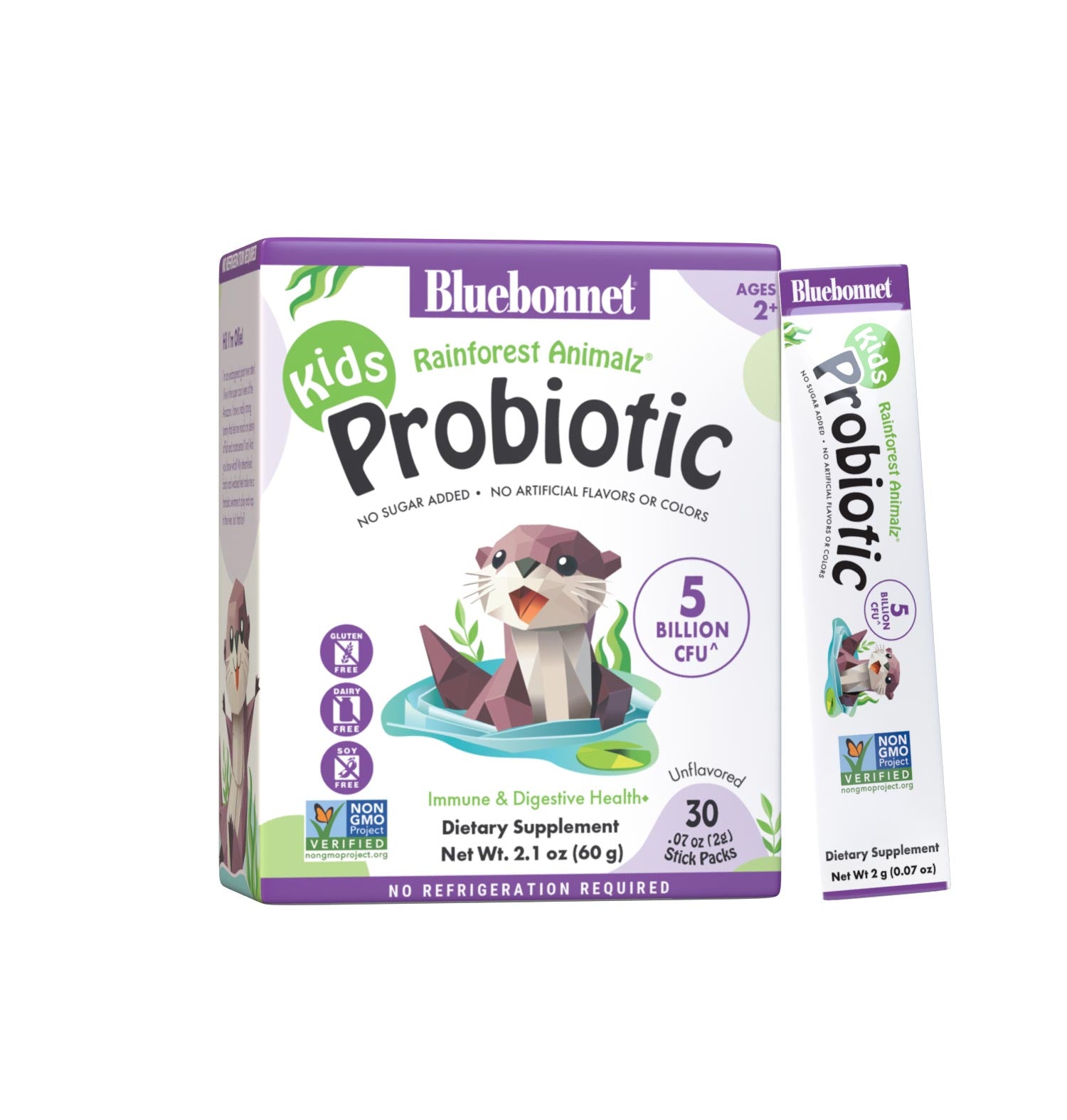 Rainforest Animalz Kids probiotic. Proprietary probiotic blend. For immune and digestive health. 30 individual stick packs. 