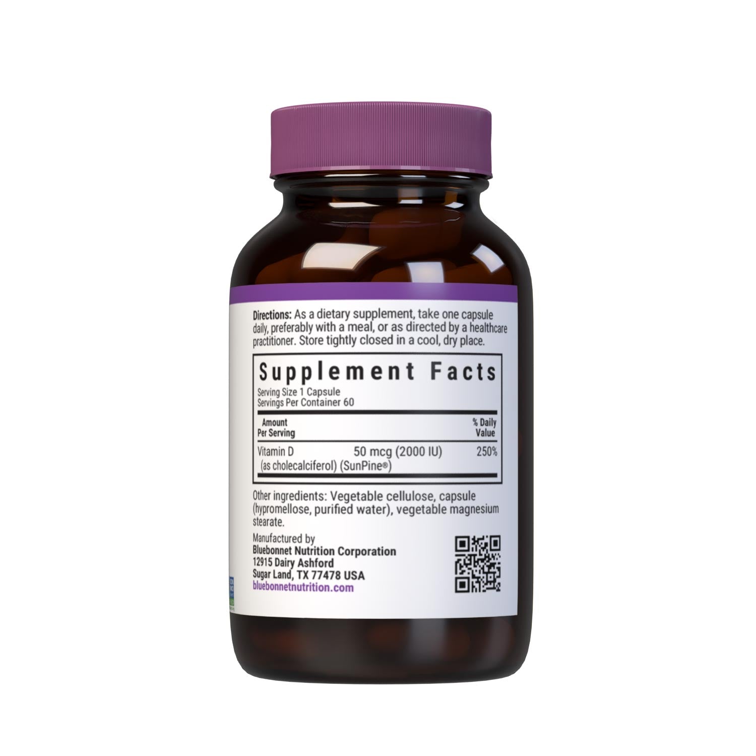 Vegan Vitamin D3 50 mcg (2000 iu) from SunPine from US Loblolly Pine Trees, 60 vegetable capsules. supplement facts panel. #size_60 count