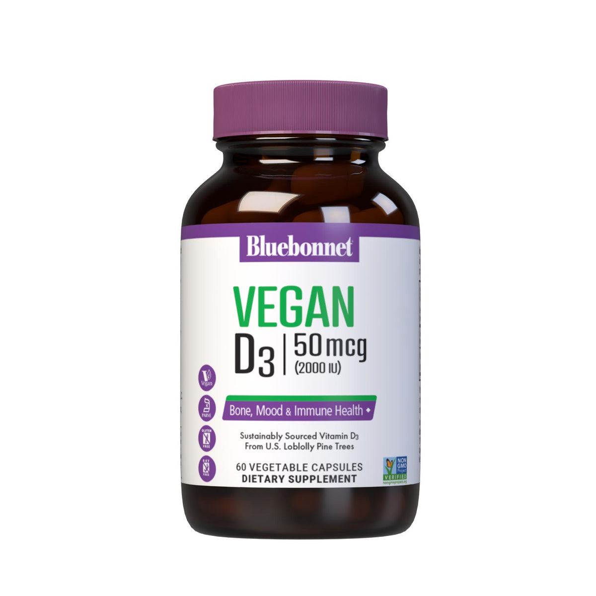 Vegan Vitamin D3 50 mcg (2000 iu) from SunPine from US Loblolly Pine Trees, 60 vegetable capsules. #size_60 count