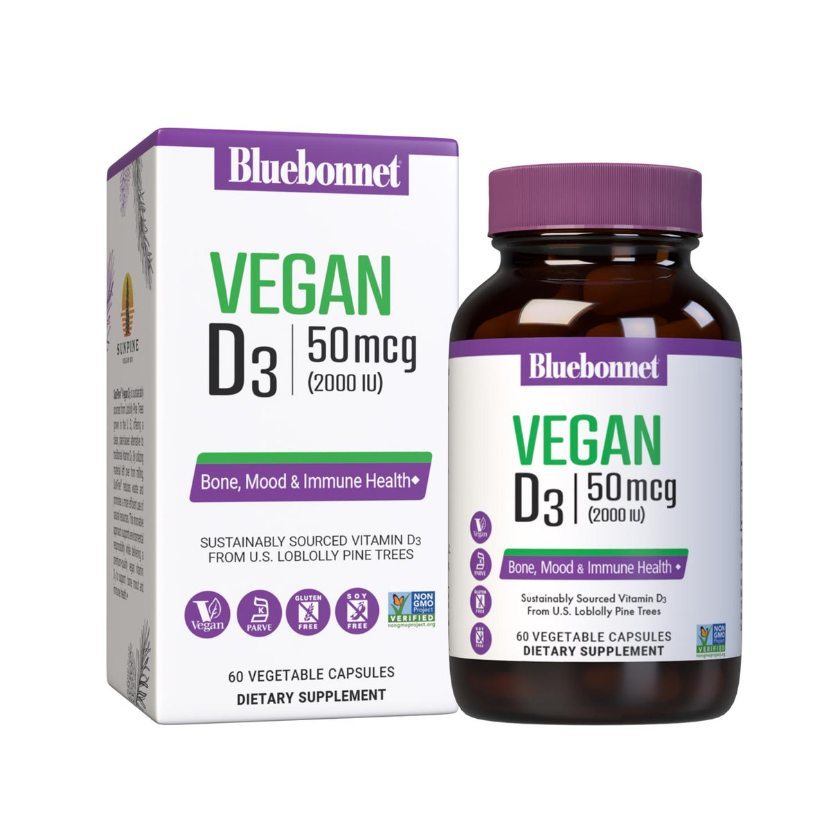 Vegan Vitamin D3 50 mcg (2000 iu) from SunPine from US Loblolly Pine Trees, 60 vegetable capsules. bottle and box. #size_60 count