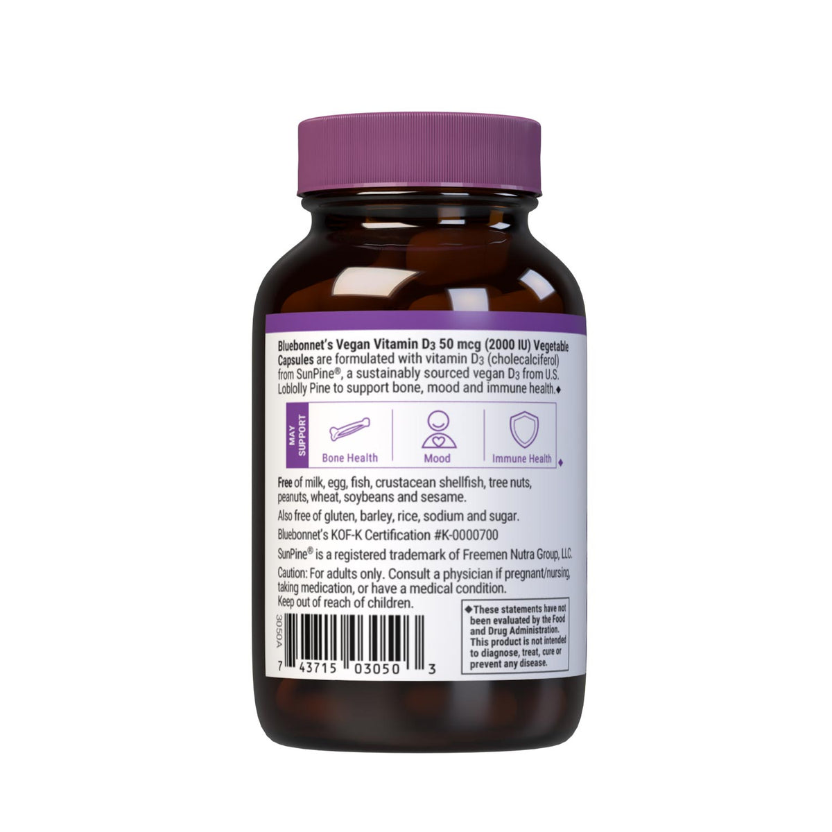 Vegan Vitamin D3 50 mcg (2000 iu) from SunPine from US Loblolly Pine Trees, 60 vegetable capsules. description panel. #size_60 count