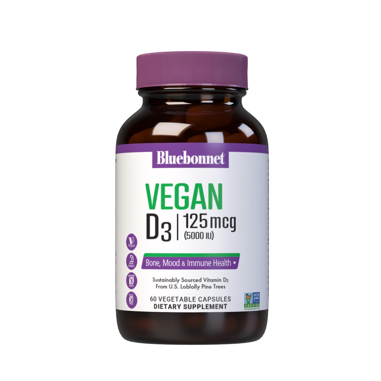 Vegan Vitamin D3 125 mcg (5000 iu) from SunPine from US Loblolly Pine Trees, 60 vegetable capsules.  #size_60 count