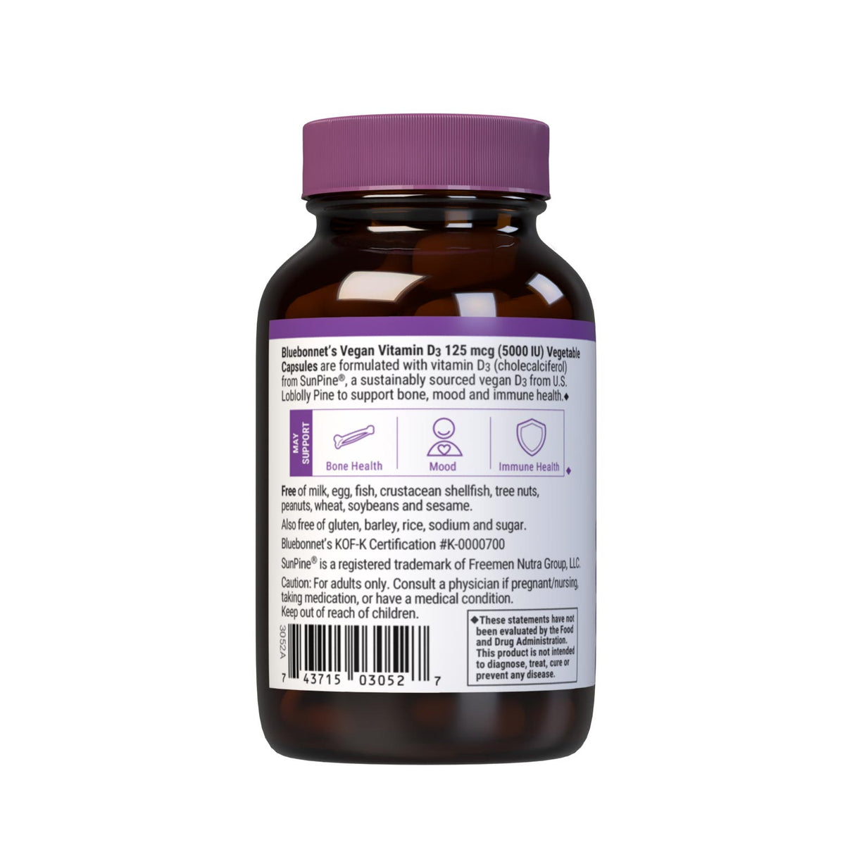 Vegan Vitamin D3 125 mcg (5000 iu) from SunPine from US Loblolly Pine Trees, 60 vegetable capsules. Description panel. #size_60 count