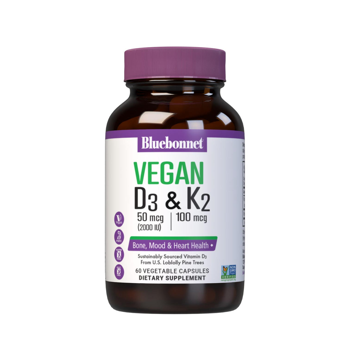 Vegan Vitamin D3 50 mcg (2000 iu) from SunPine from US Loblolly Pine Trees and 100 mcg of K2 (MK-7) from natto, 60 vegetable capsules. #size_60 count