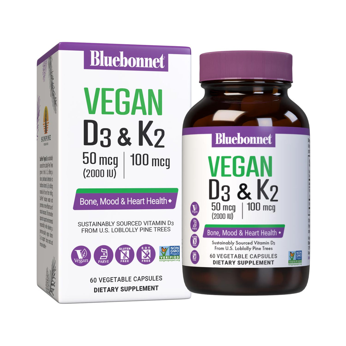 Vegan Vitamin D3 50 mcg (2000 iu) from SunPine from US Loblolly Pine Trees and 100 mcg of K2 (MK-7) from natto, 60 vegetable capsules. bottle with box. #size_60 count