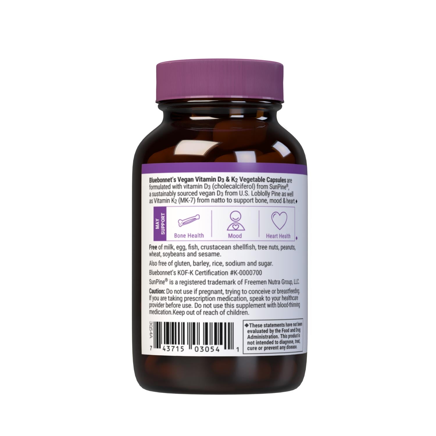 Vegan Vitamin D3 50 mcg (2000 iu) from SunPine from US Loblolly Pine Trees and 100 mcg of K2 (MK-7) from natto, 60 vegetable capsules. description panel. #size_60 count