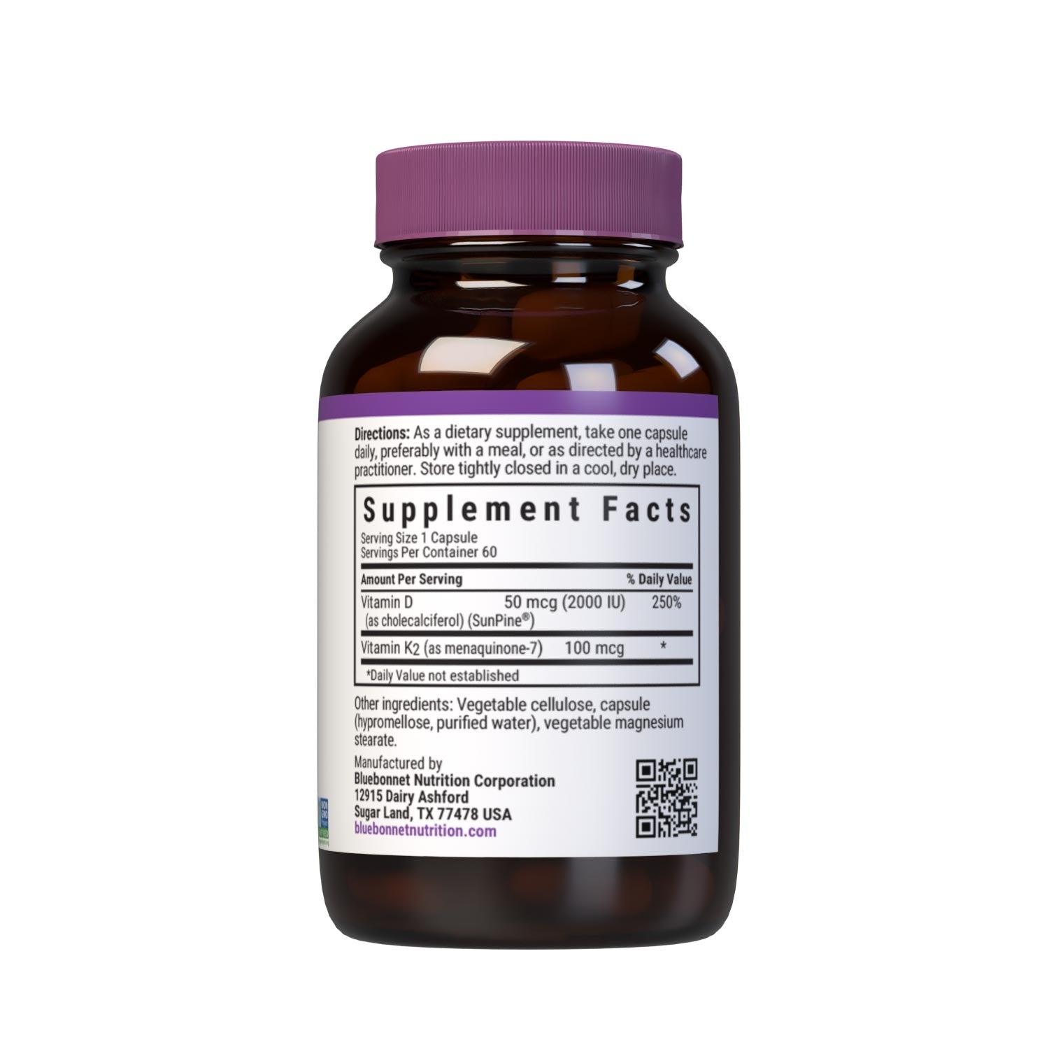 Vegan Vitamin D3 50 mcg (2000 iu) from SunPine from US Loblolly Pine Trees and 100 mcg of K2 (MK-7) from natto, 60 vegetable capsules. supplement facts panel. #size_60 count