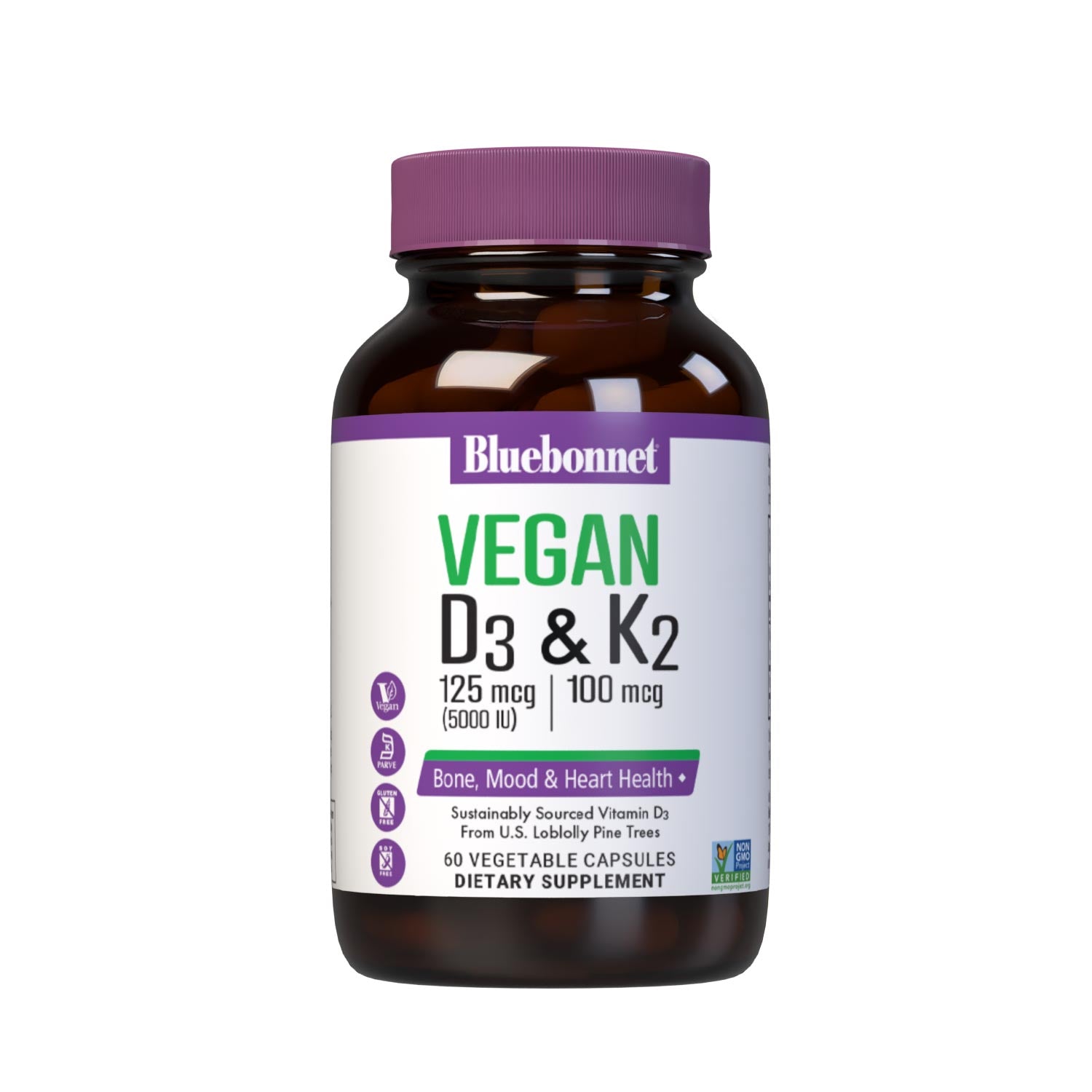 Vegan Vitamin D3 125 mcg (5000 iu) from SunPine from US Loblolly Pine Trees and K2 (MK-7) from natto, 60 vegetable capsules. #size_60 count