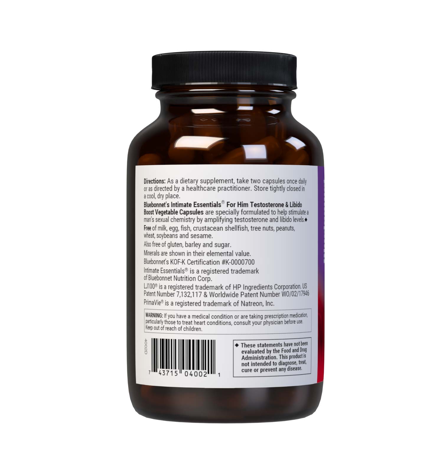 Bluebonnet’s Intimate Essentials For Him Testosterone & Libido Boost Vegetable Capsules are specially formulated to help stimulate a man’s sexual chemistry by amplifying testosterone and libido levels. Description panel. #size_60 count