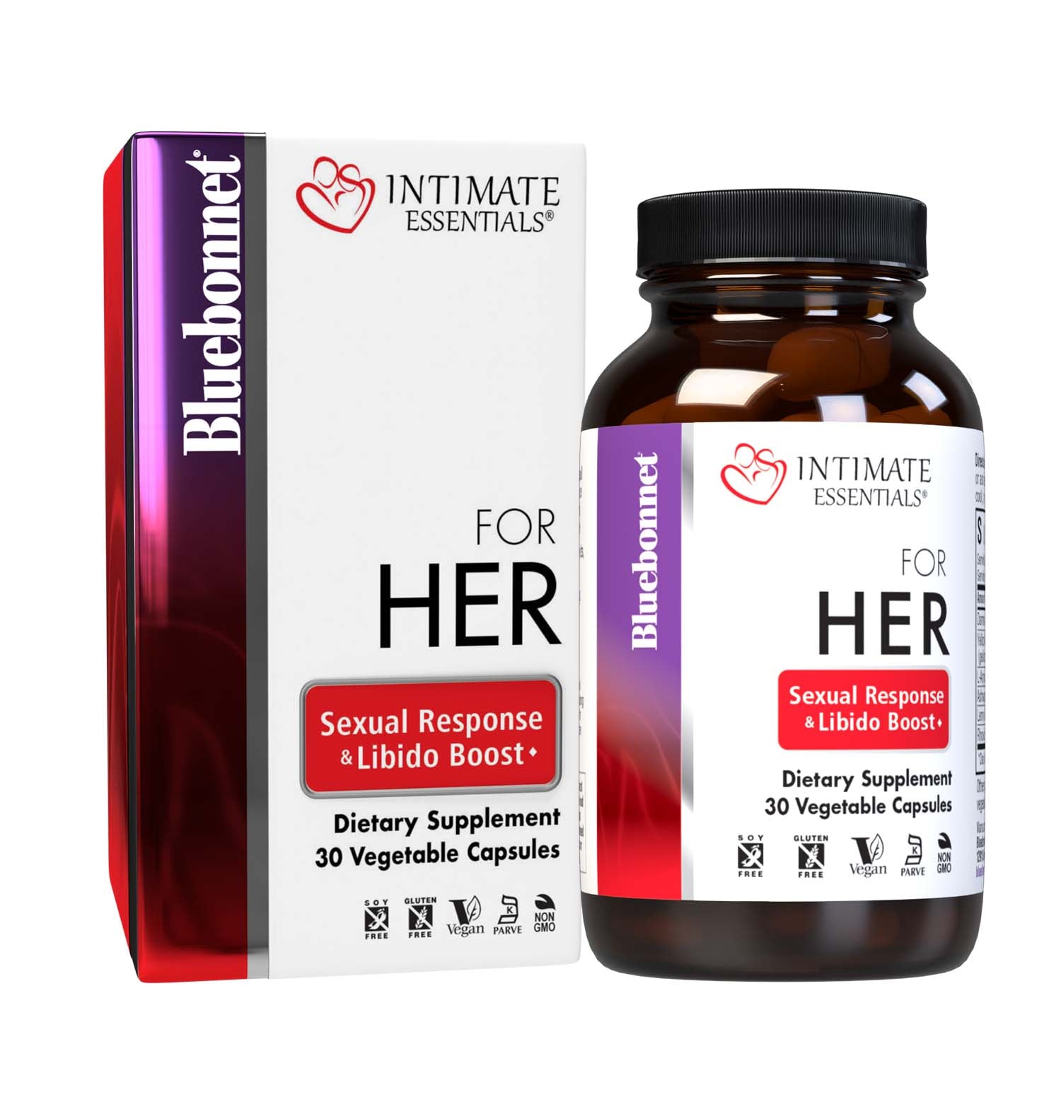 Bluebonnet’s Intimate Essentials For Her Sexual Response & Libido Boost Vegetable Capsules are specially formulated to help stimulate a woman’s sexual chemistry and intensify desire and libido. Bottle with box shot. #size_30 count