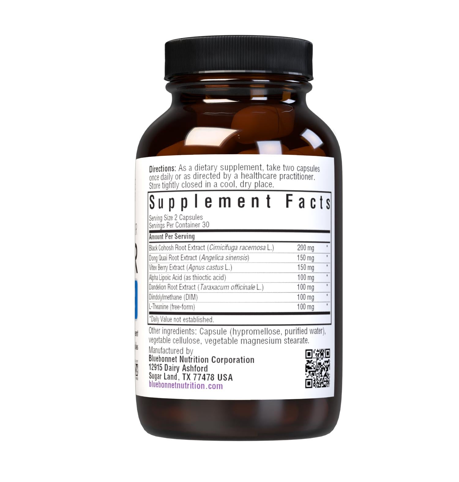 Bluebonnet’s Intimate Essentials® For Her Hormonal Balance Capsules are specially formulated to help boost a woman’s sexual energy and youthful vibrance by balancing hormones during PMS and menopause. Available in easy-to-swallow vegetable capsules for maximum assimilation and absorption. Supplement facts panel. #size_60 count