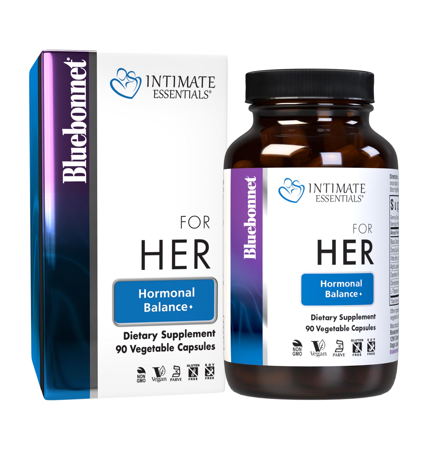 Bluebonnet’s Intimate Essentials® For Her Hormonal Balance Capsules are specially formulated to help boost a woman’s sexual energy and youthful vibrance by balancing hormones during PMS and menopause. Available in easy-to-swallow vegetable capsules for maximum assimilation and absorption. Bottle with box shot. #size_90 count