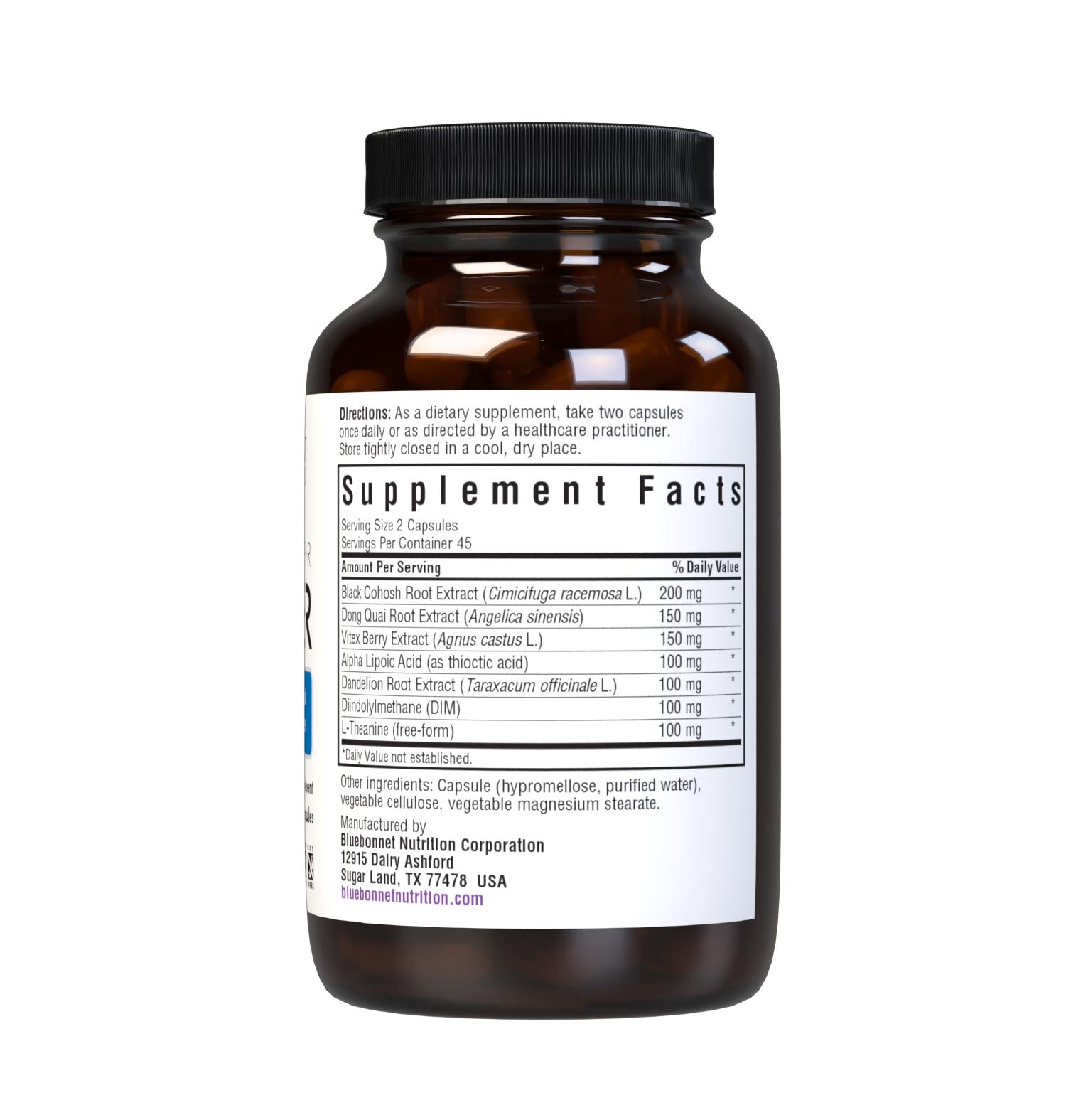 Bluebonnet’s Intimate Essentials® For Her Hormonal Balance Capsules are specially formulated to help boost a woman’s sexual energy and youthful vibrance by balancing hormones during PMS and menopause. Available in easy-to-swallow vegetable capsules for maximum assimilation and absorption. Supplement facts panel. #size_90 count