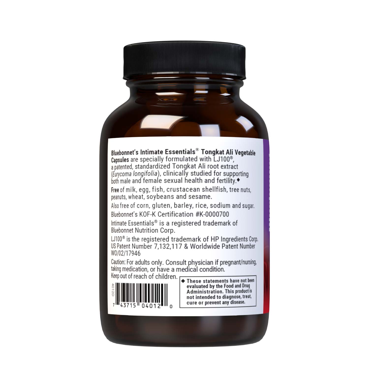 Bluebonnet’s Intimate Essentials Tongkat Ali LJ100 Vegetable Capsules are specially formulated with LJ100, a patented, standardized Tongkat Ali root extract (Eurycoma longifolia), clinically studied for enhancing both male and female sexual health and fertility. Description panel. #size_60 count