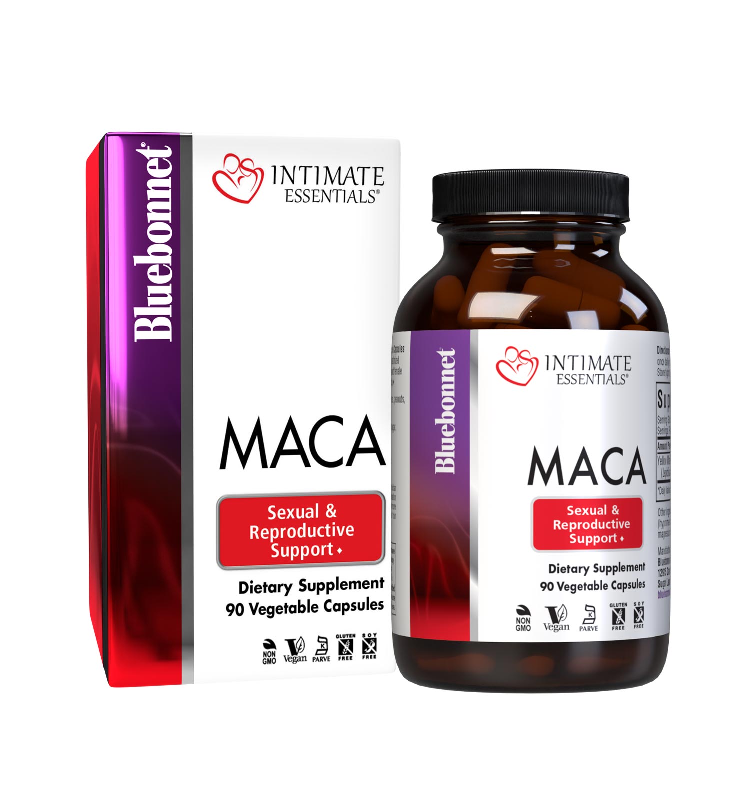 Bluebonnet’s Intimate Essentials Maca Vegetable Capsules are specially formulated with a highly digestible, gelatinized maca root extract for enhancing both male and female hormonal balance, mood, stamina, libido and fertility. Bottle comes in a box. #size_90 count