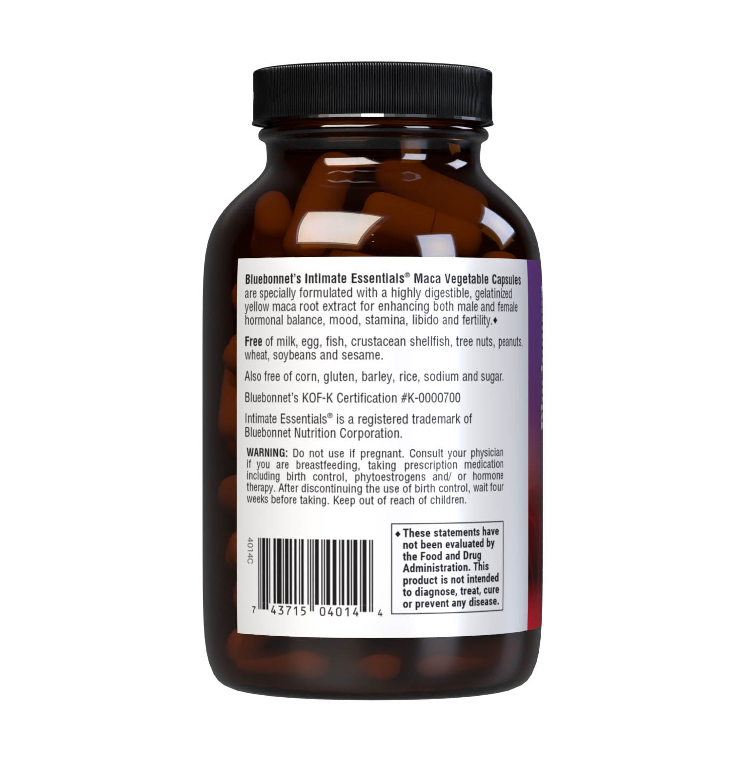 Bluebonnet’s Intimate Essentials Maca Vegetable Capsules are specially formulated with a highly digestible, gelatinized maca root extract for enhancing both male and female hormonal balance, mood, stamina, libido and fertility. Description panel. #size_90 count