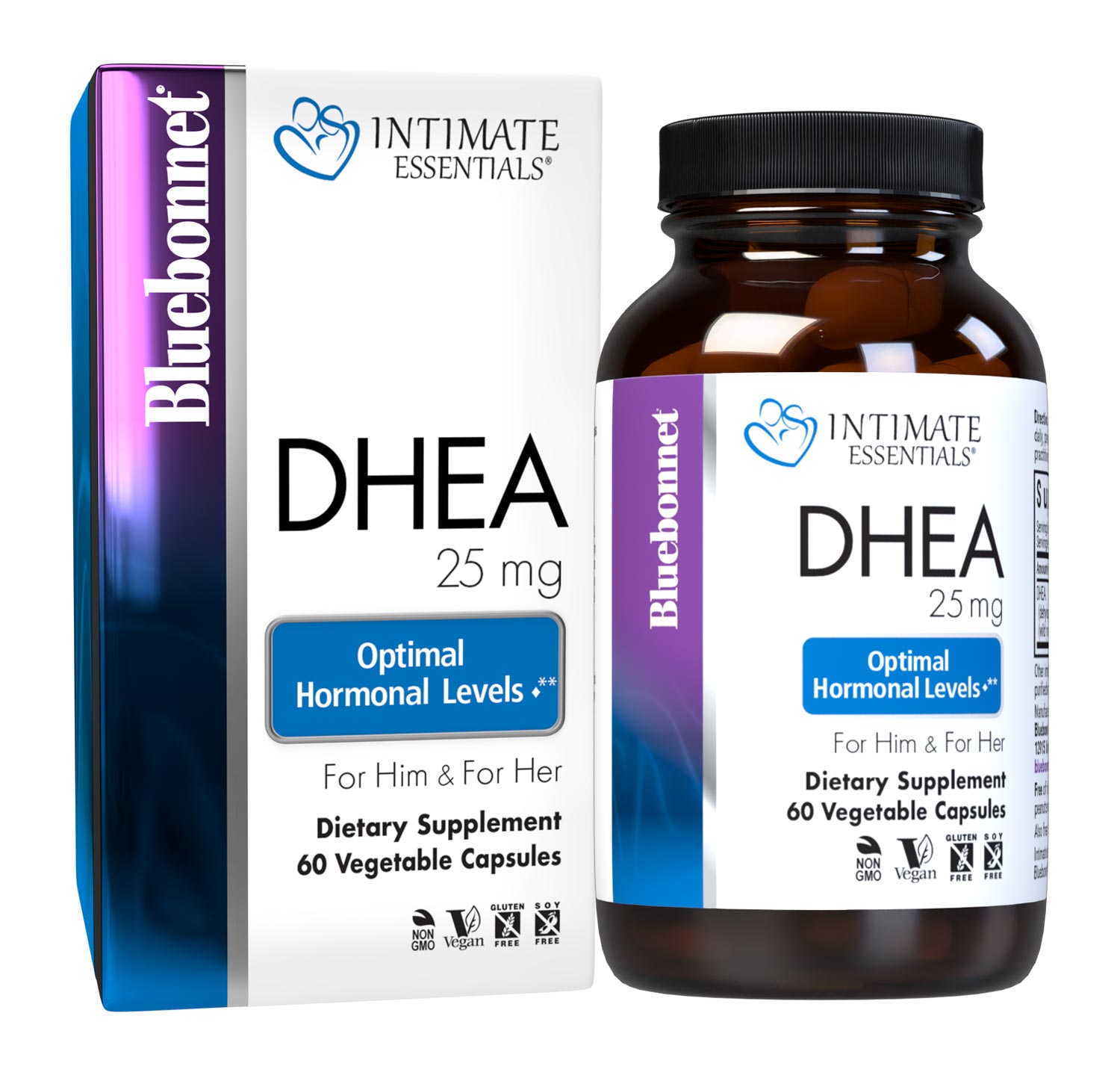Bluebonnet’s Intimate Essentials DHEA 25 mg 60 pill count bottle comes in box. #size_60 count