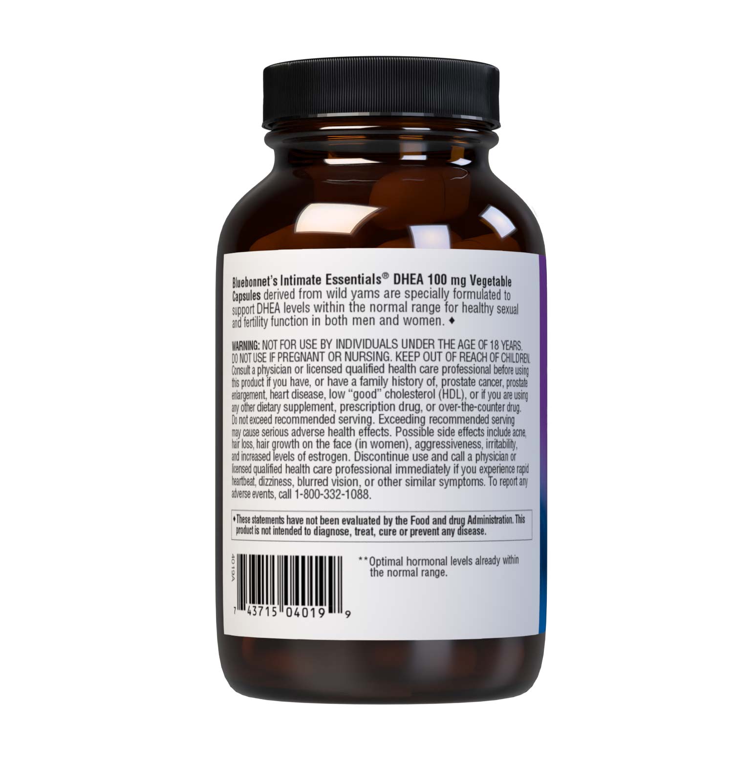 Bluebonnet’s Intimate Essentials DHEA 100 mg Vegetable Capsules derived from wild yams are specially formulated to support DHEA levels within the normal range for healthy sexual and fertility function in both men and women. Description panel. #size_60 count