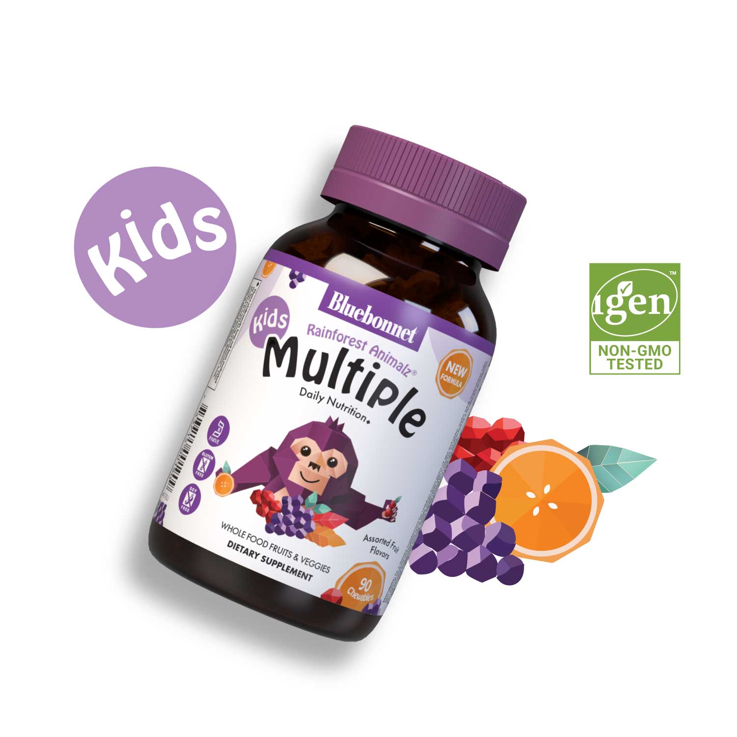 Bluebonnet Rainforest Animalz Kids whole food-based Multiple, 90 assorted fruit flavor chewables bottle   