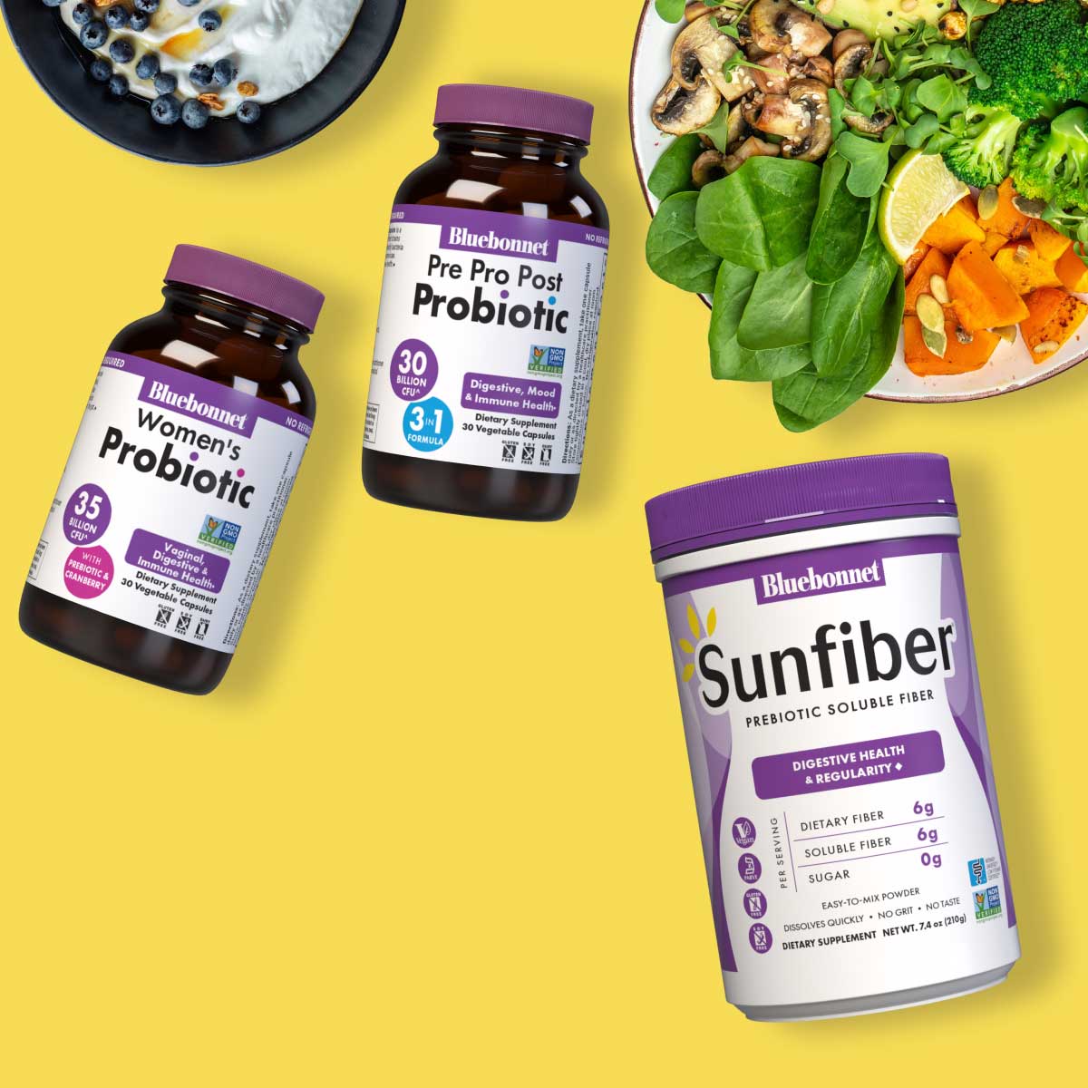 Three New products - Sunfiber prebiotic soluble fiber, shelf stable womens prebiotic and pre-pro-post probiotic - featured on a yellow background with a salad bowl and a bowl of yogurt. 