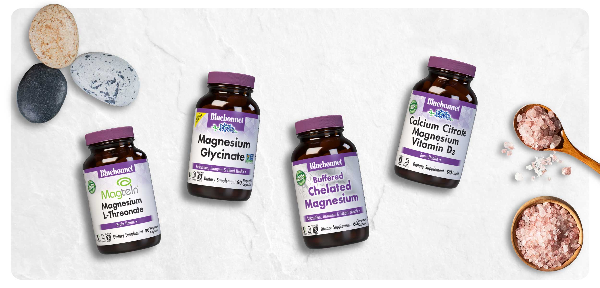 Bluebonnet's best selling mineral products: Magtein Magnesium L-threonate, Magnesium Glcinate, Buffered chelated magnesium, Calcium Citrate Magnesium and Vitamin D3 bottles
