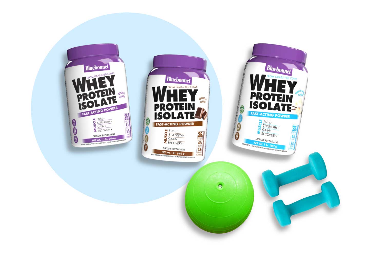Whey protein isolate fast-acting powder, 3 flavor options - chocolate, vanilla and unflavored. 1lb canisters. 
