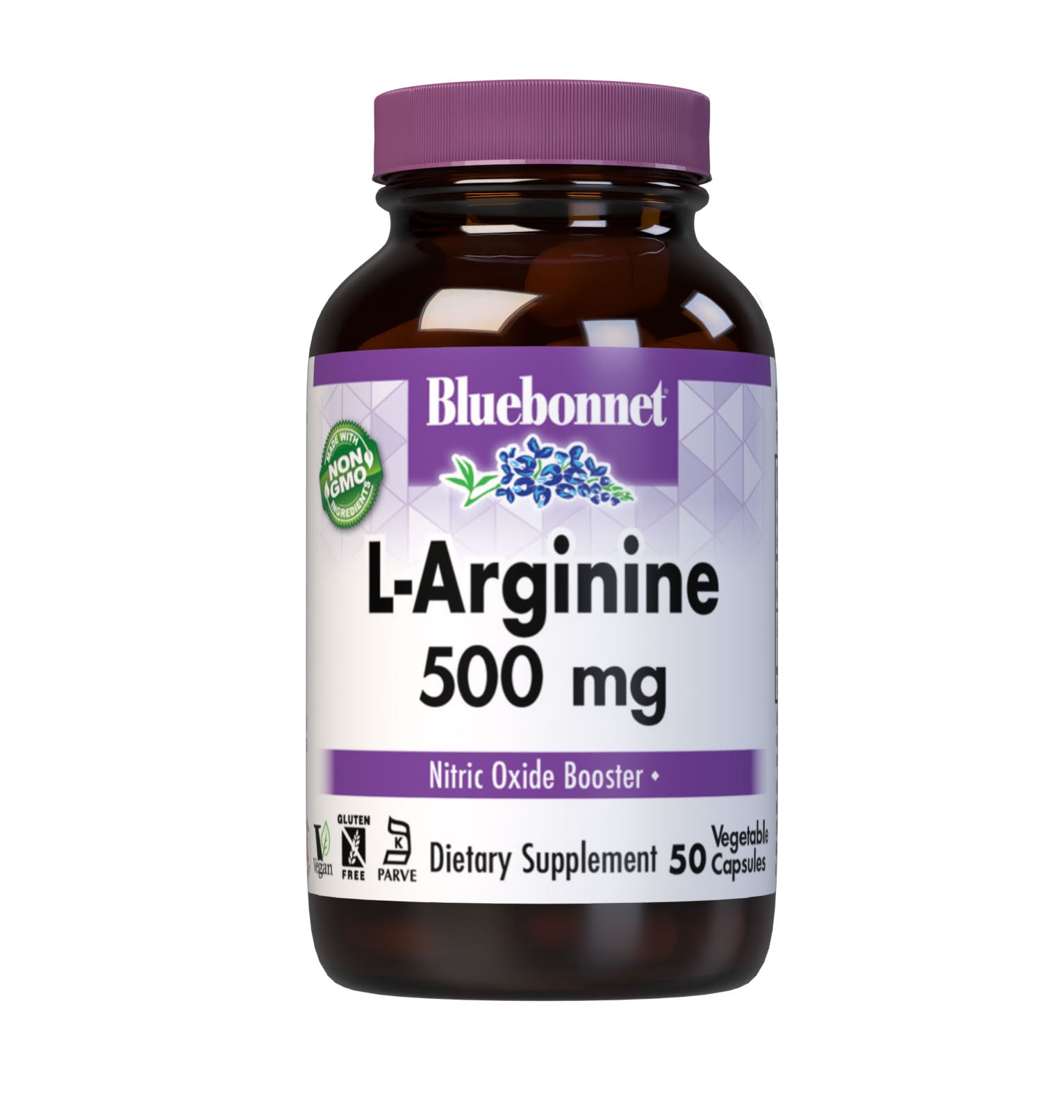 Bluebonnet’s L-Arginine 500 mg 50 vegetable capsules are formulated with the free form amino acid L-arginine in its crystalline form from Ajinomoto which promotes nitric oxide synthesis and men's health. #size_50 count